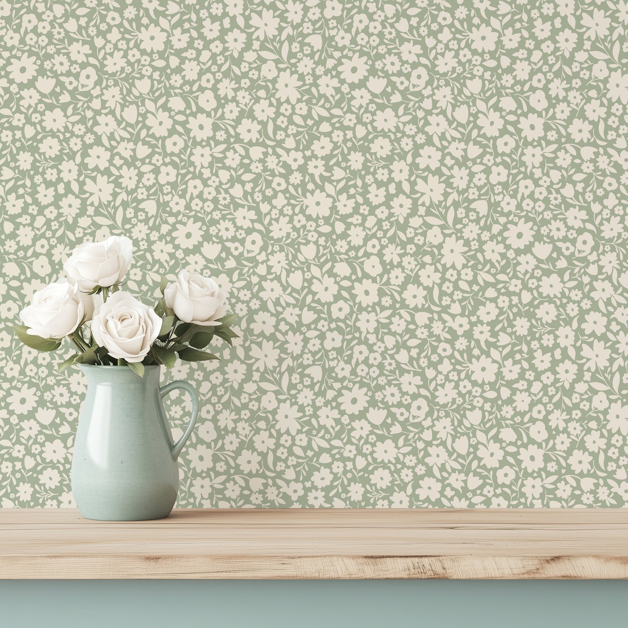 Little Meadow Floral Wallpaper - Sage wallpaper available in peel and stick (removable), prepasted, and traditional nonpasted / unpasted 