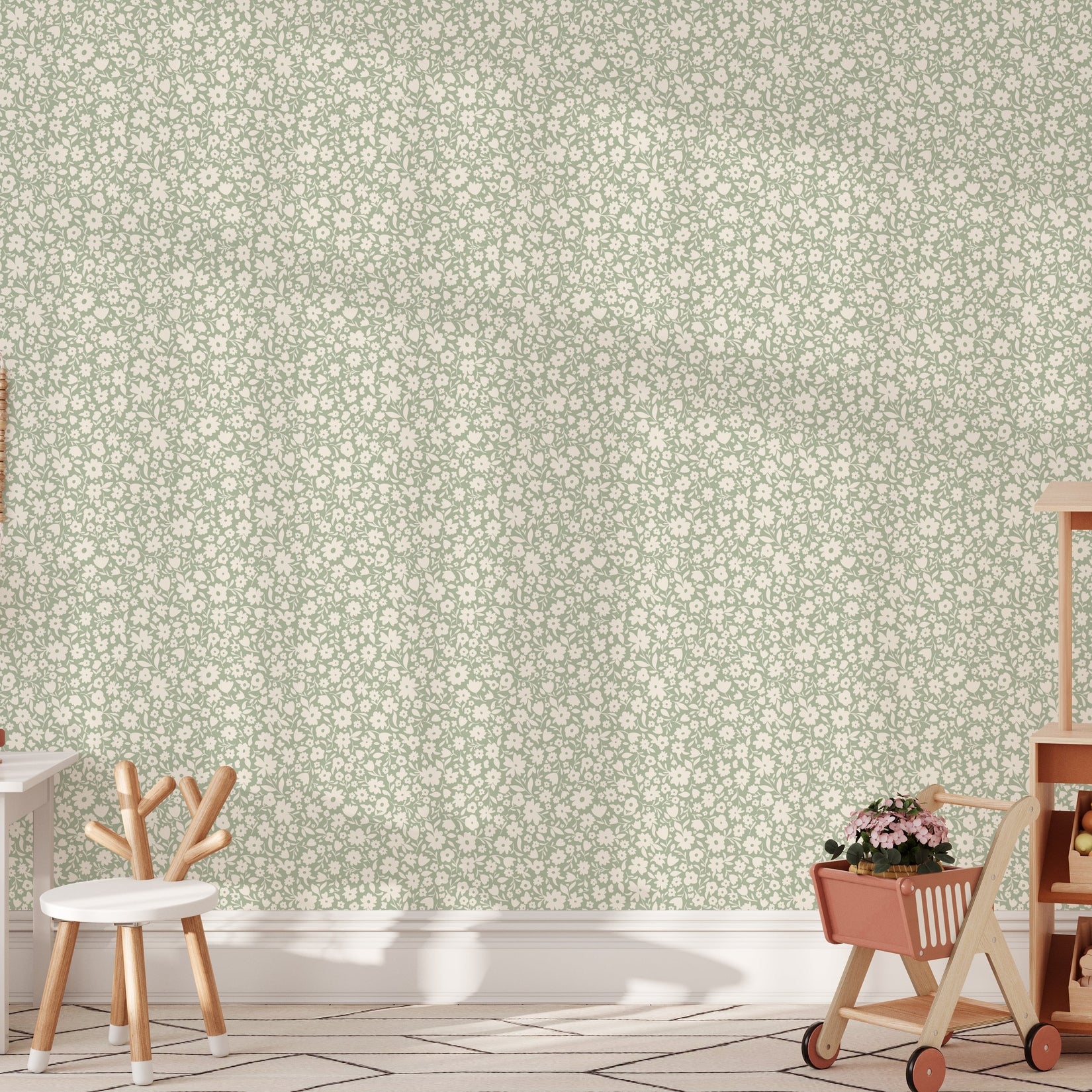 Little Meadow Floral Wallpaper - Sage wallpaper available in peel and stick (removable), prepasted, and traditional nonpasted / unpasted 