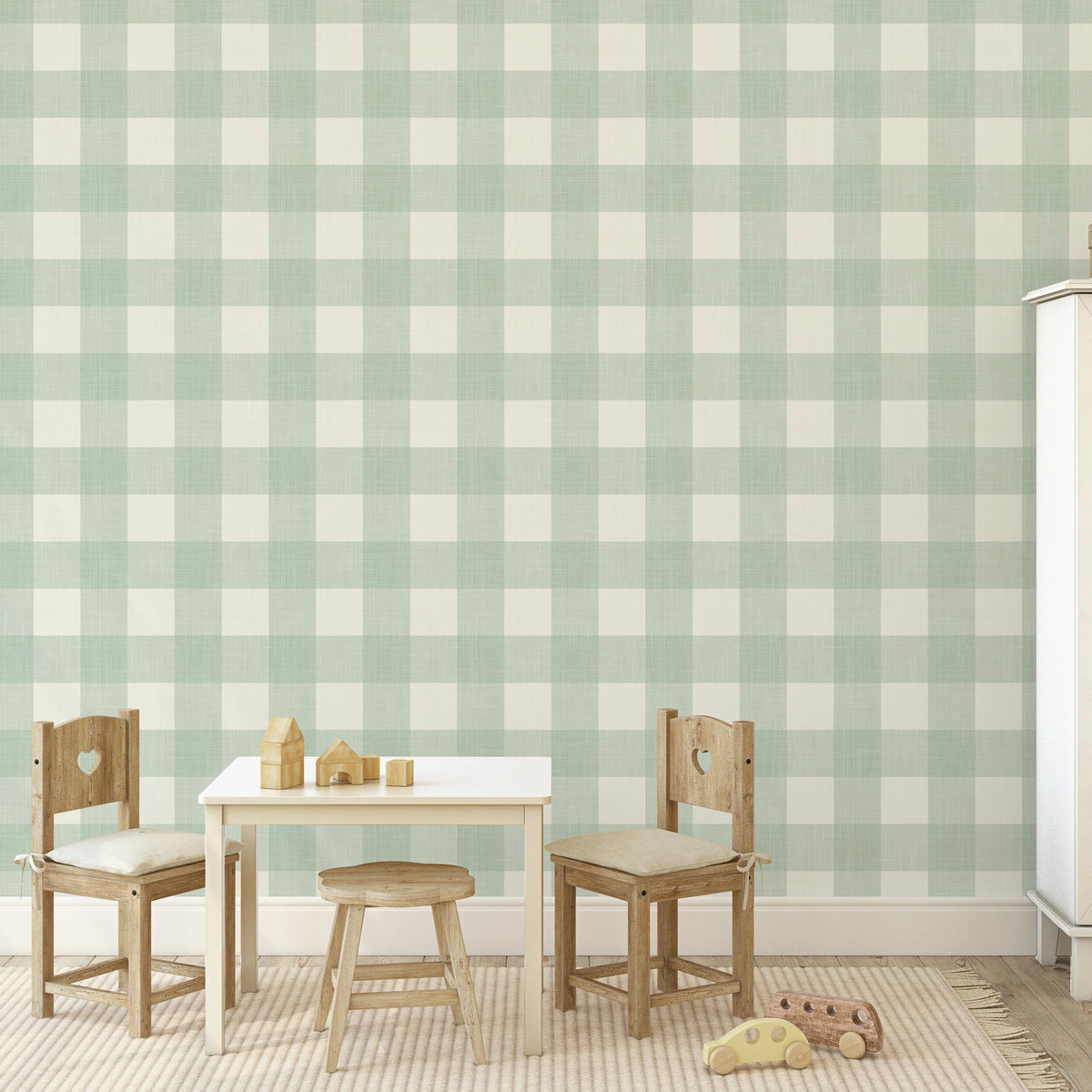 Sage green gingham wallpaper in a kids playroom