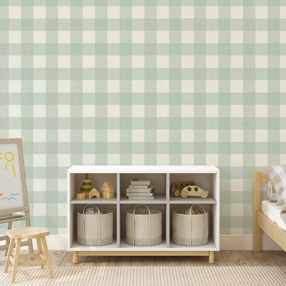 Sage green gingham wallpaper in a gender neutral kids room