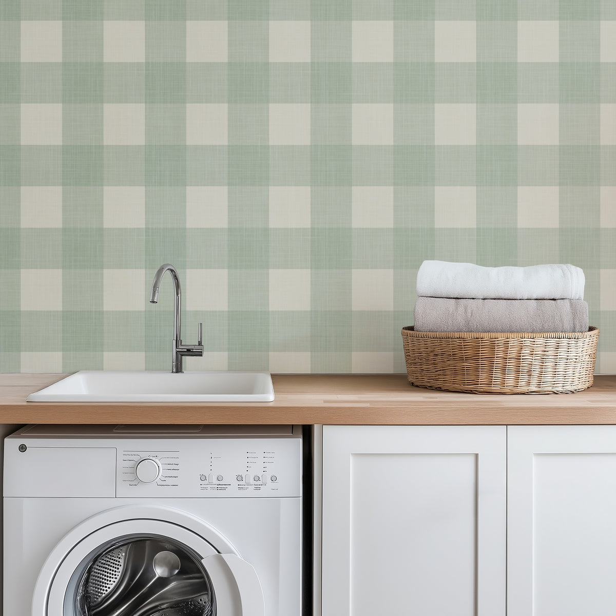 Sage green gingham traditional nonpasted wallpaper in a farmhouse laundry room