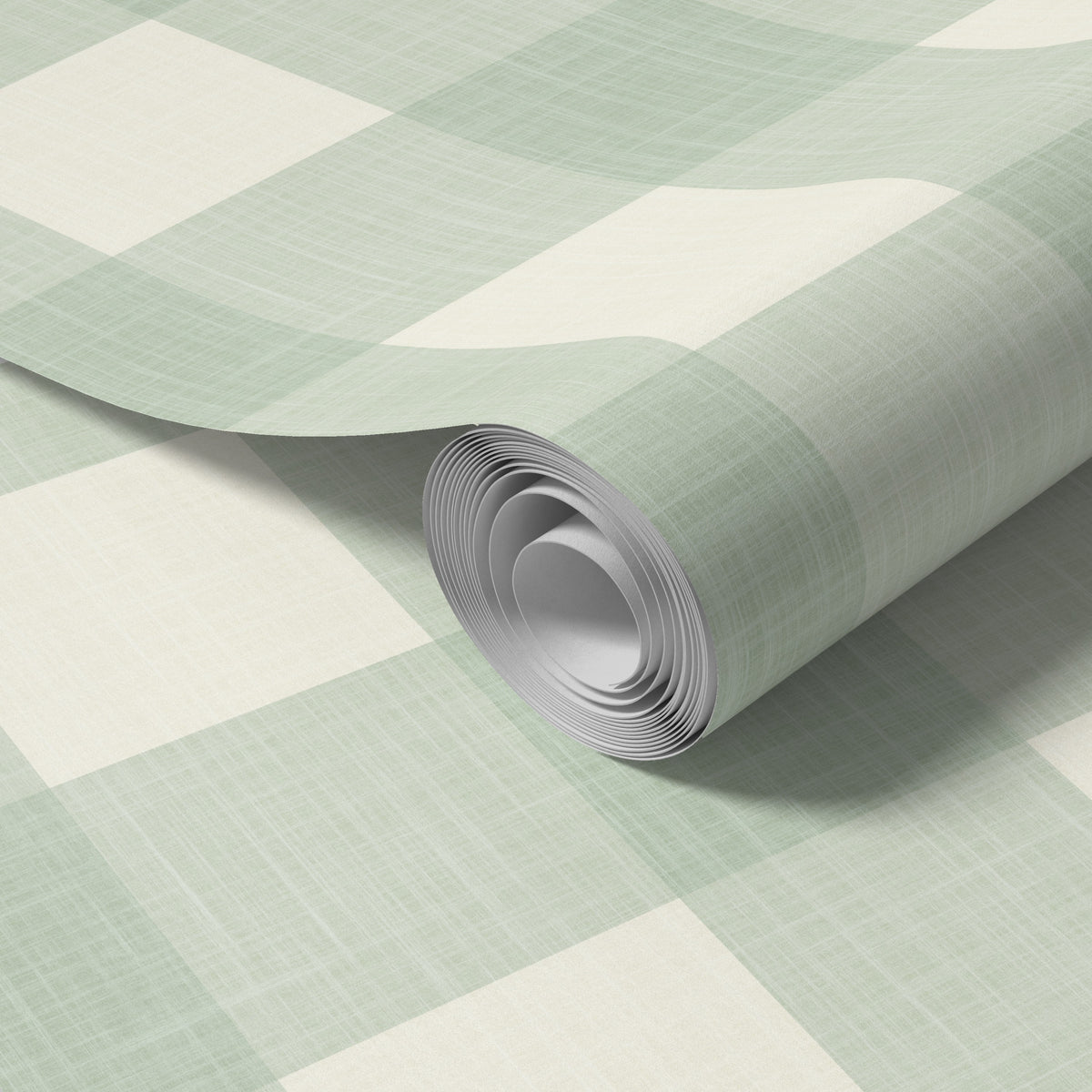 Rolled panel of sage green and cream gingham wallpaper