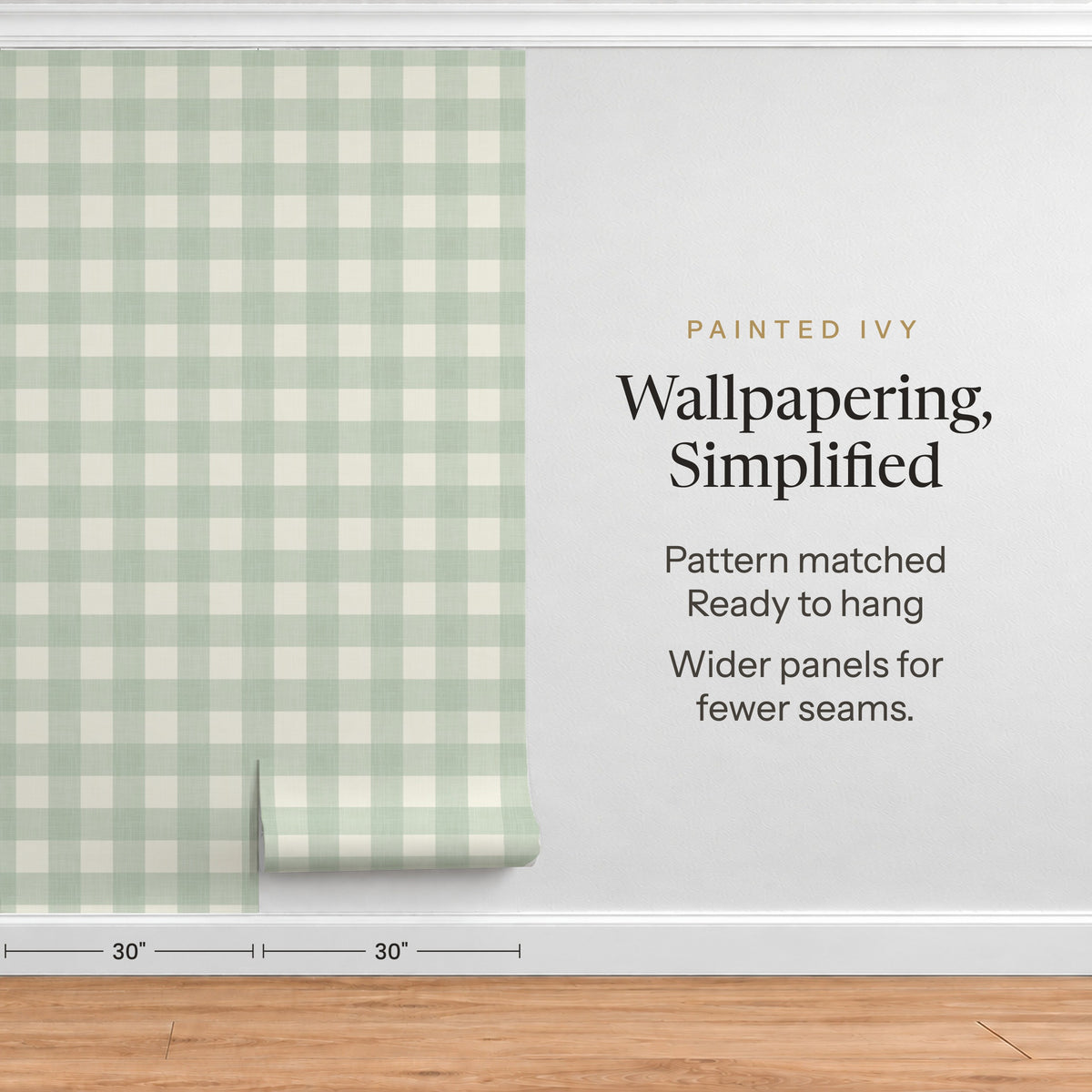 Sage green gingham wallpaper in precut, pre-matched 30 inch wide panels