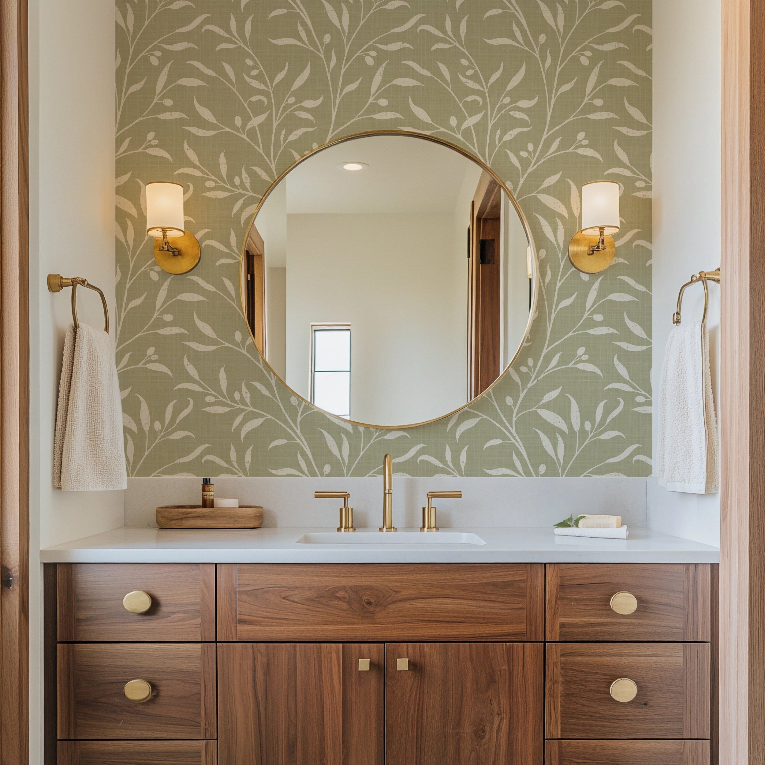 wallpaper in removable peel and stick prepasted or nonpasted with green botanical olive leaves and branches