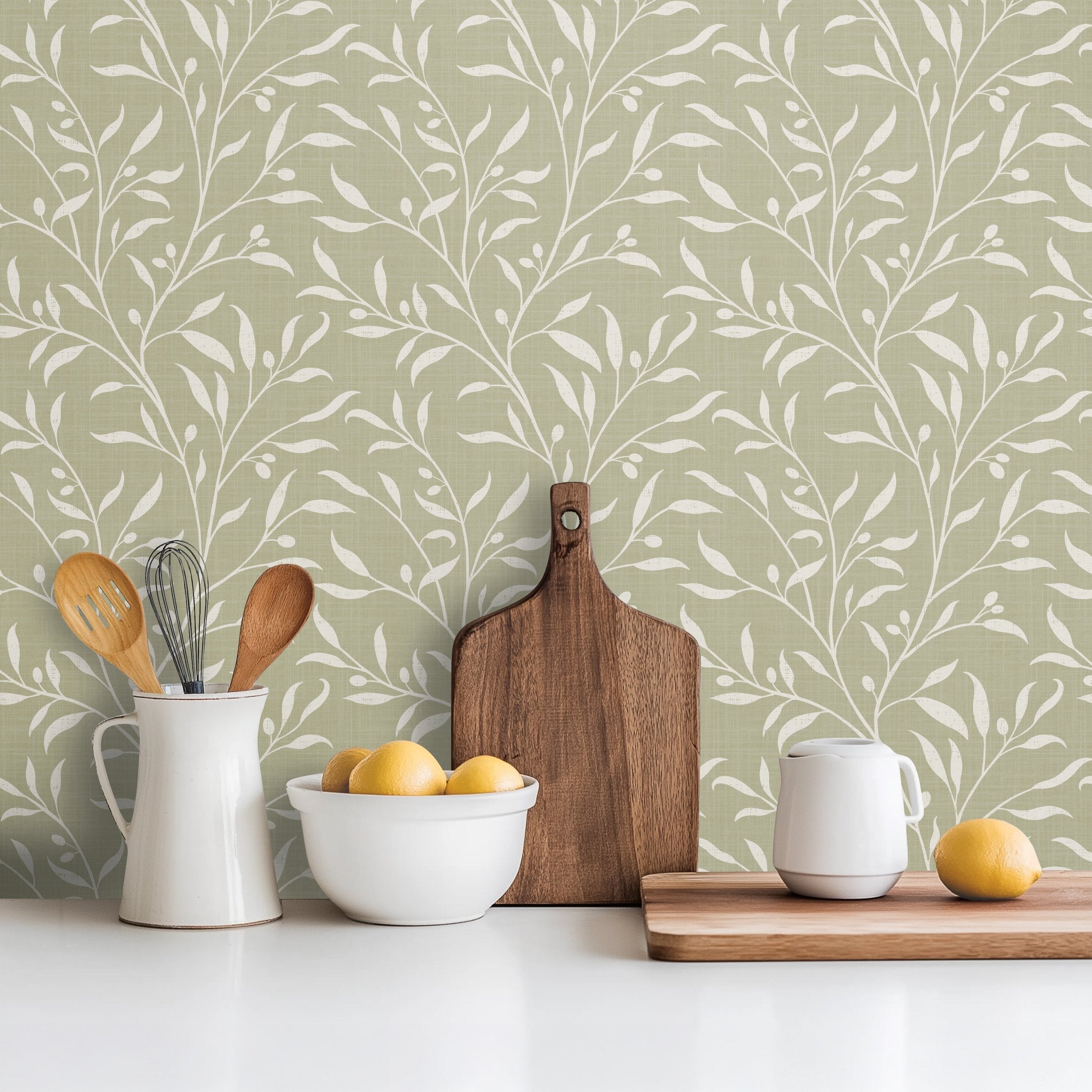 wallpaper in removable peel and stick prepasted or nonpasted with green botanical olive leaves and branches