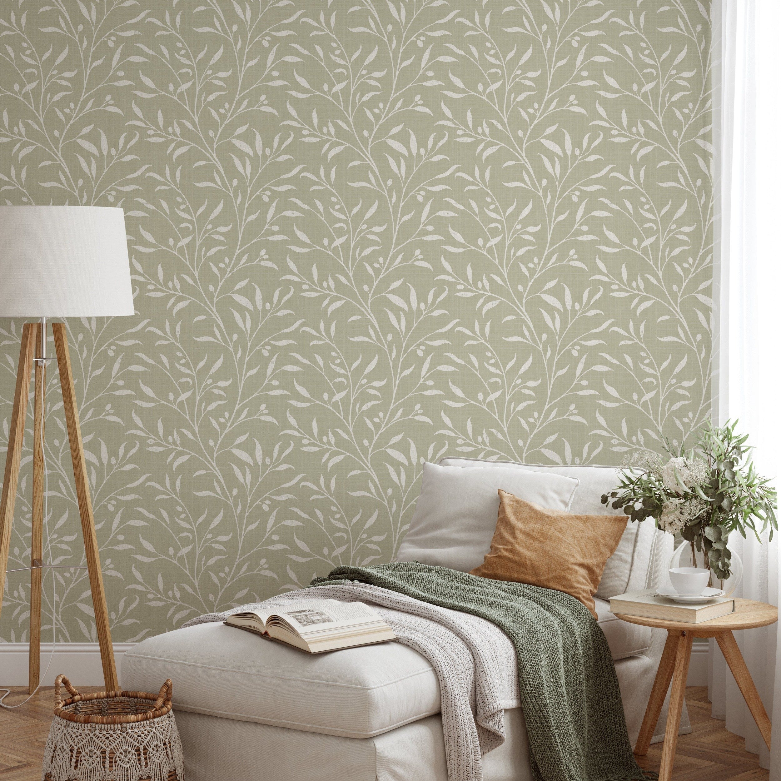 wallpaper in removable peel and stick prepasted or nonpasted with green botanical olive leaves and branches