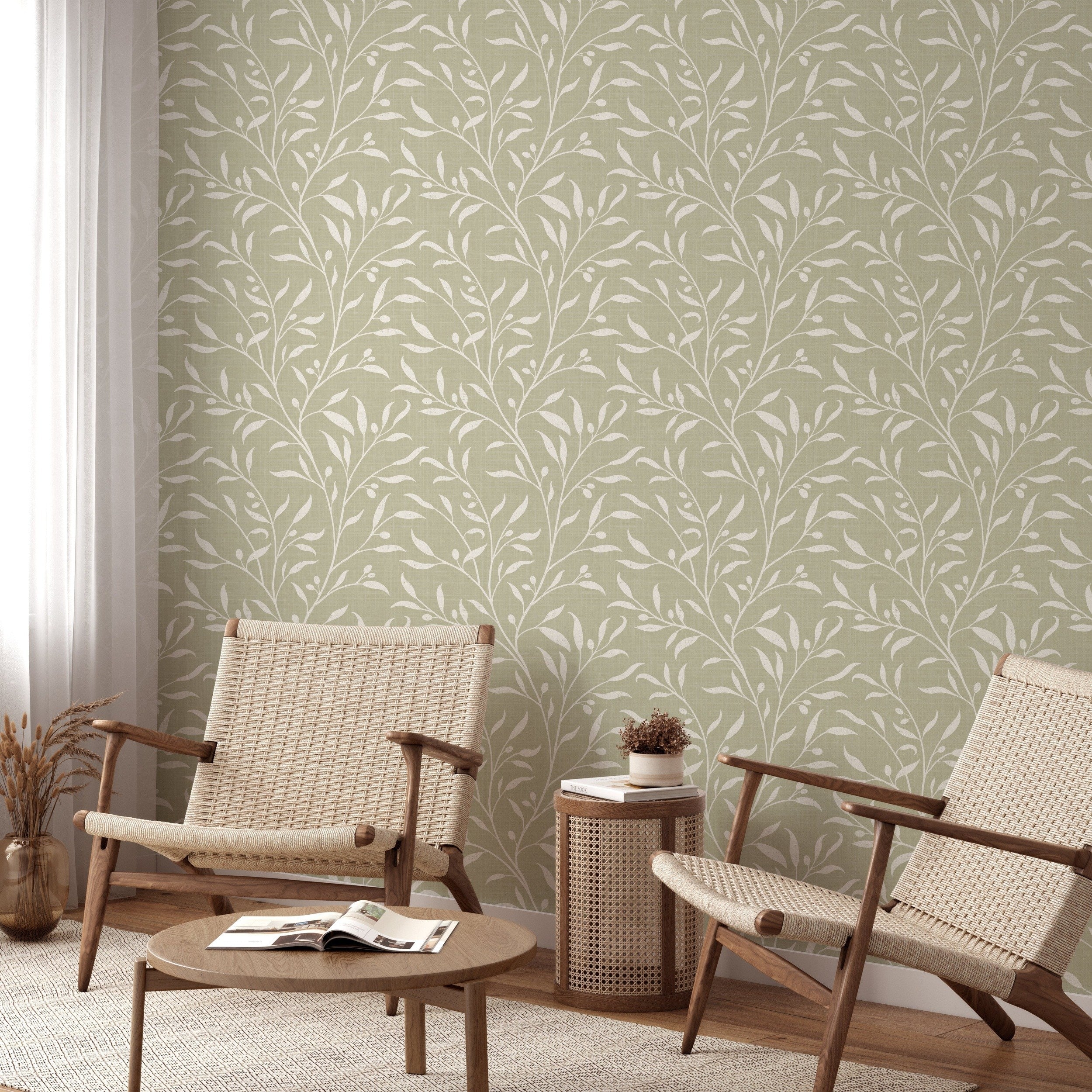 wallpaper in removable peel and stick prepasted or nonpasted with green botanical olive leaves and branches