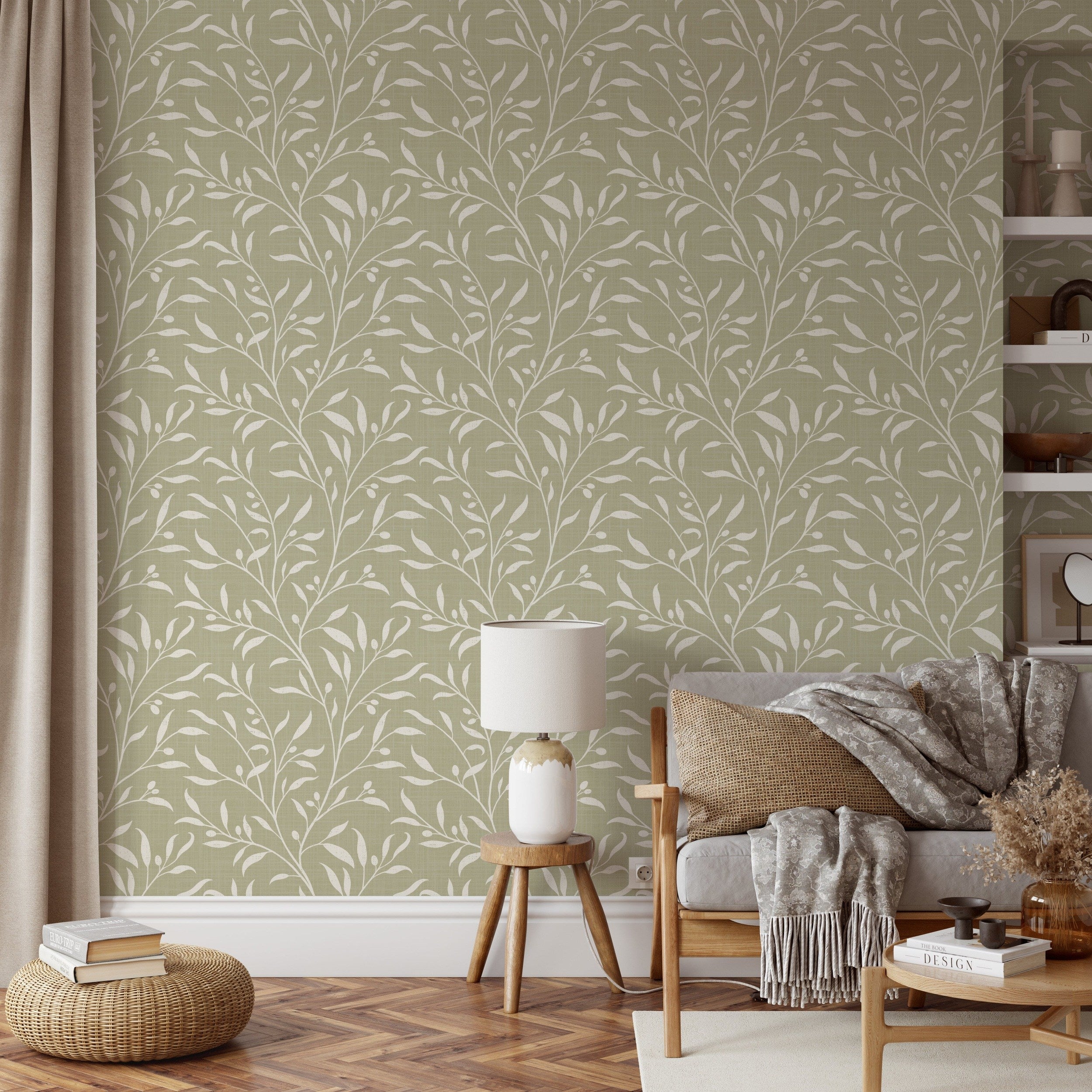 wallpaper in removable peel and stick prepasted or nonpasted with green botanical olive leaves and branches