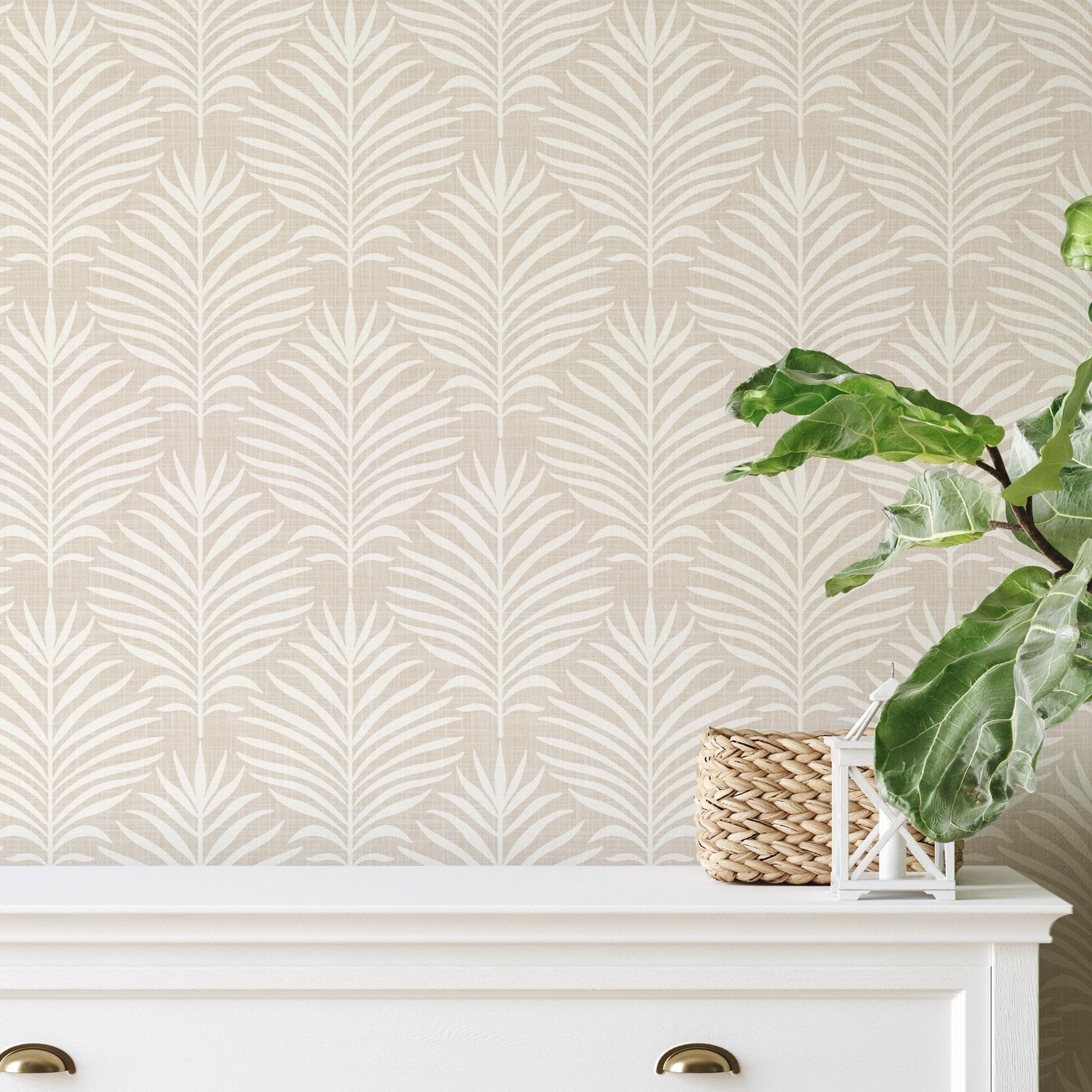 Palm Breeze Wallpaper - Neutral wallpaper available in peel and stick (removable), prepasted, and traditional nonpasted / unpasted 