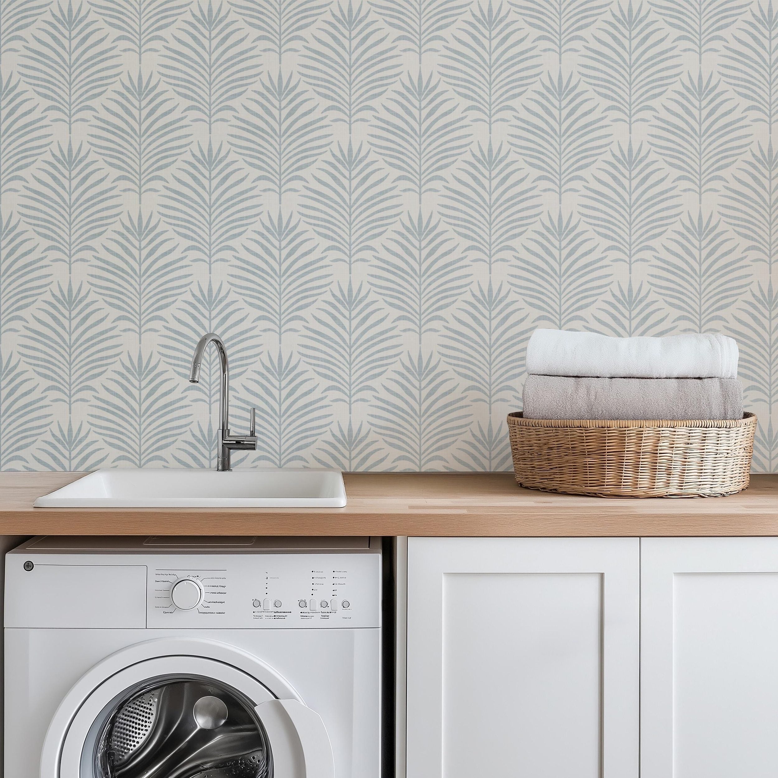 Palm Breeze Wallpaper - Blue & White wallpaper available in peel and stick (removable), prepasted, and traditional nonpasted / unpasted 
