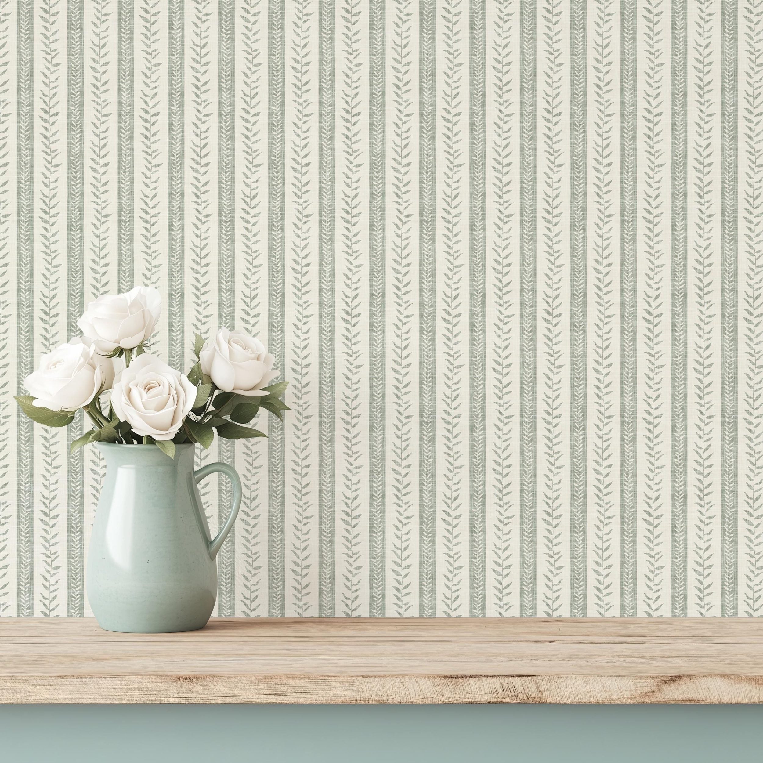 neutral gray green tropical stripe removable wallpaper available in peel and stick with a faux linen texture for japandi, coastal, and boho decor styles