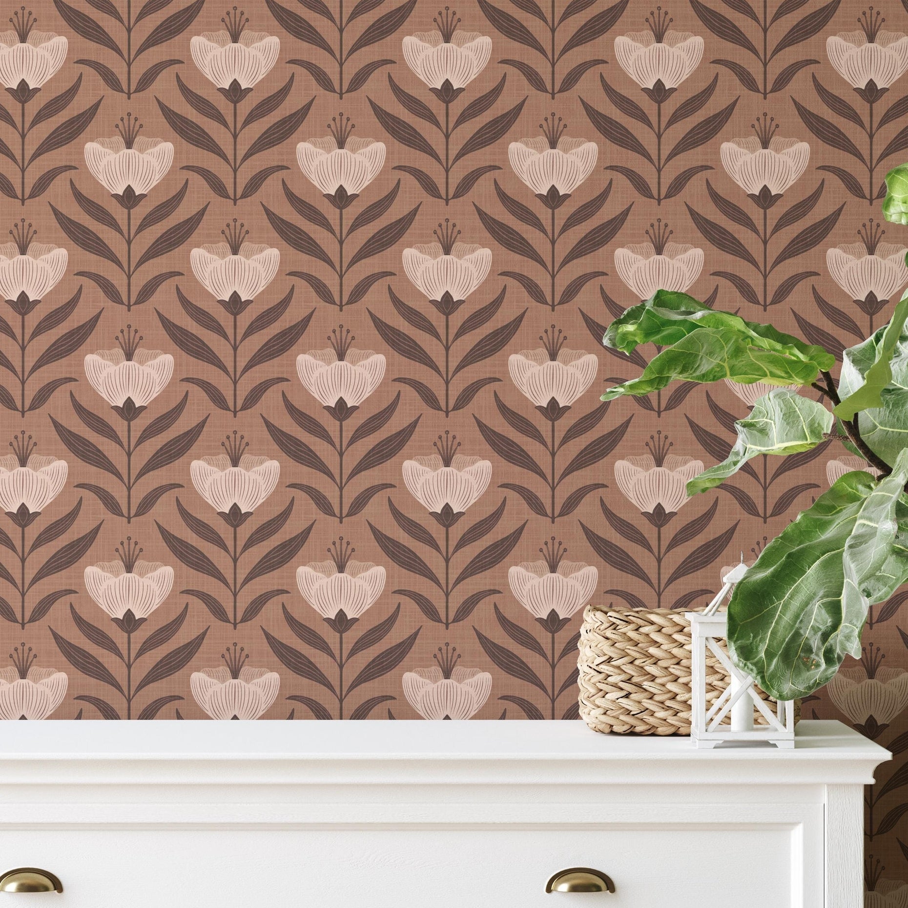Removable floral wallpaper featured on wall behind a dresser to show its versatility and pairing with neutral furniture.