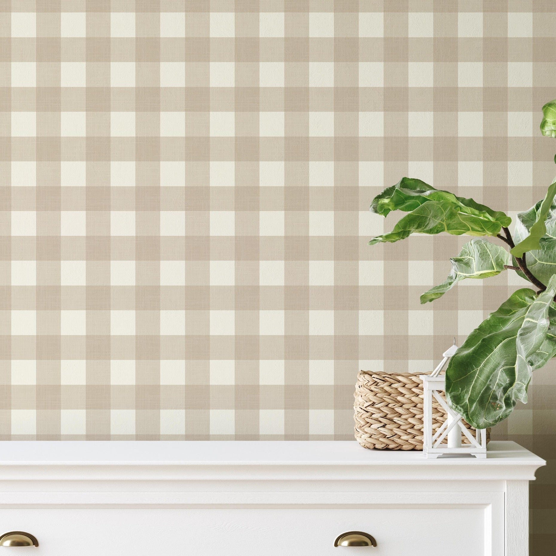 Beige and taupe gingham wallpaper, also known as buffalo check or buffalo plaid. Designed with a soft linen texture and warm neutral tones, perfect for cottagecore, boho, or farmhouse interiors. A cozy choice for boys’ nurseries, gender-neutral kids’ rooms, kitchens, or entryways. This removable wallpaper is eco-friendly, made in the USA, and created by an independent artist—ideal for renter-friendly accent walls and stylish DIY home projects.
