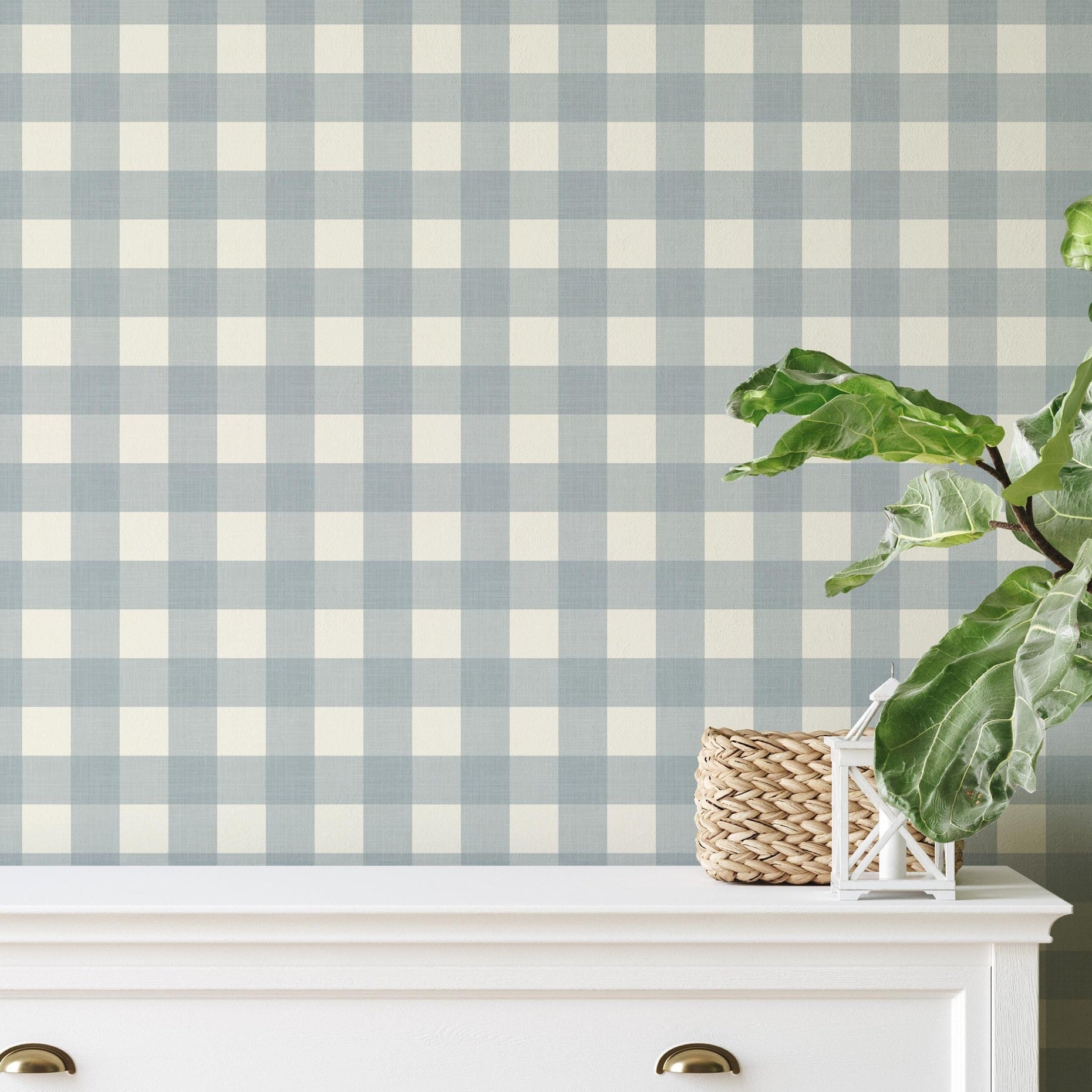 Accent wall of Light blue and off-white gingham wallpaper with a soft linen texture. Buffalo check style, ideal for baby boy nurseries, coastal or cottagecore spaces. Removable, eco-friendly, made in the USA, and designed by an independent artist.
