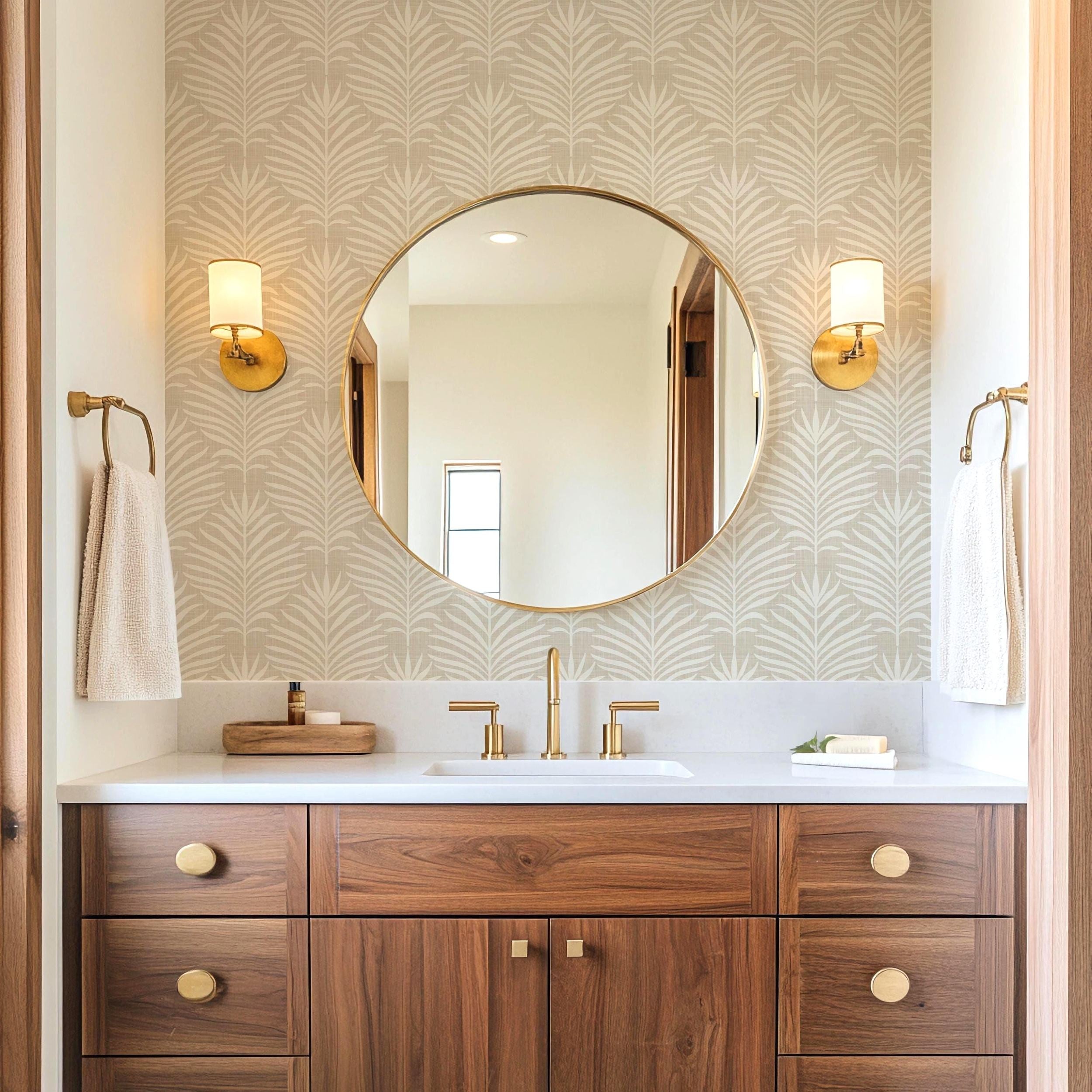 Palm Breeze Wallpaper - Neutral wallpaper available in peel and stick (removable), prepasted, and traditional nonpasted / unpasted 