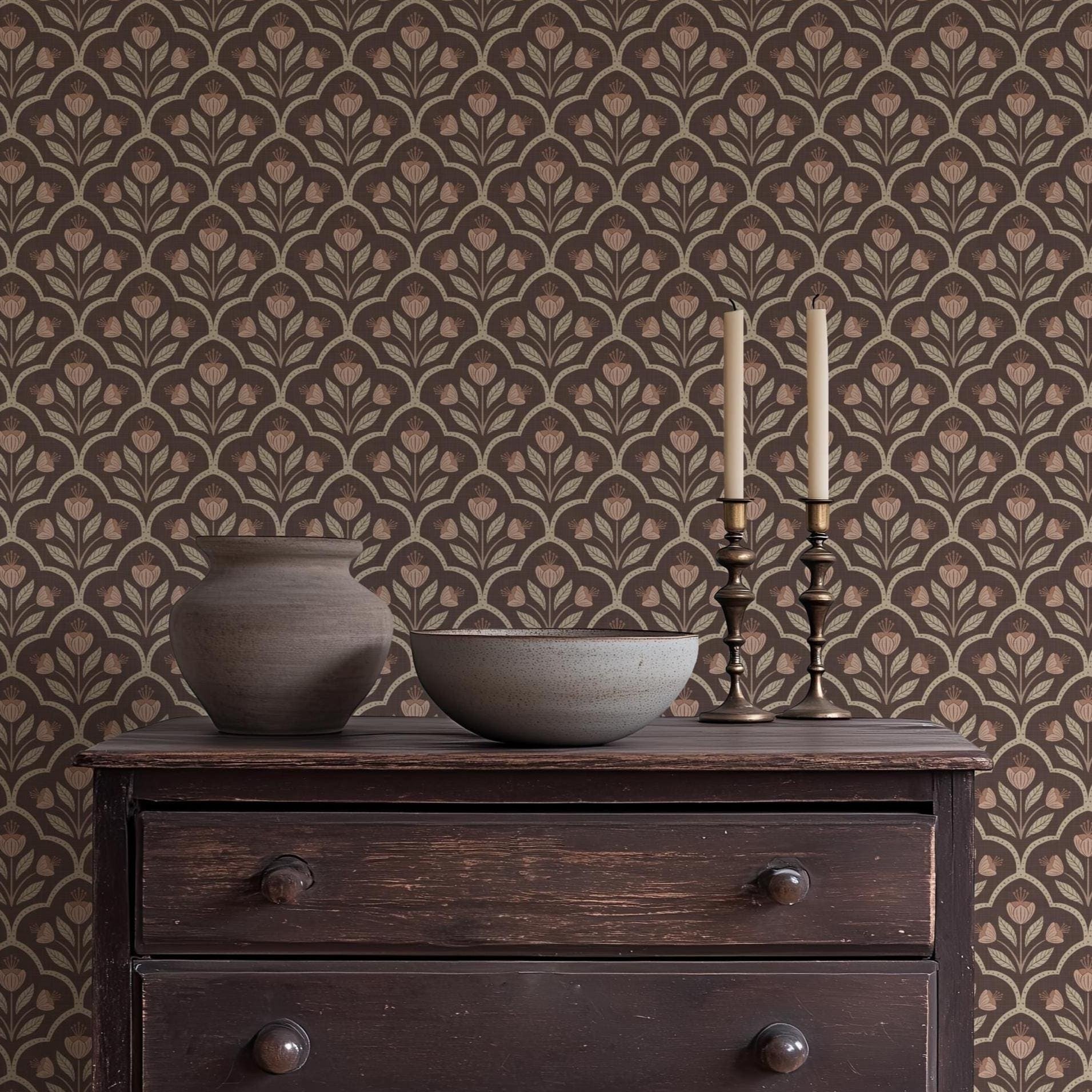 Removable renter-friendly wallpaper featuring a dark moody floral design with vintage Victorian medallion wildflowers in blush and beige on a rich brown background. Intended for cozy neutral, gothic heritage style, or cottage charm. featured on living room accent wall.