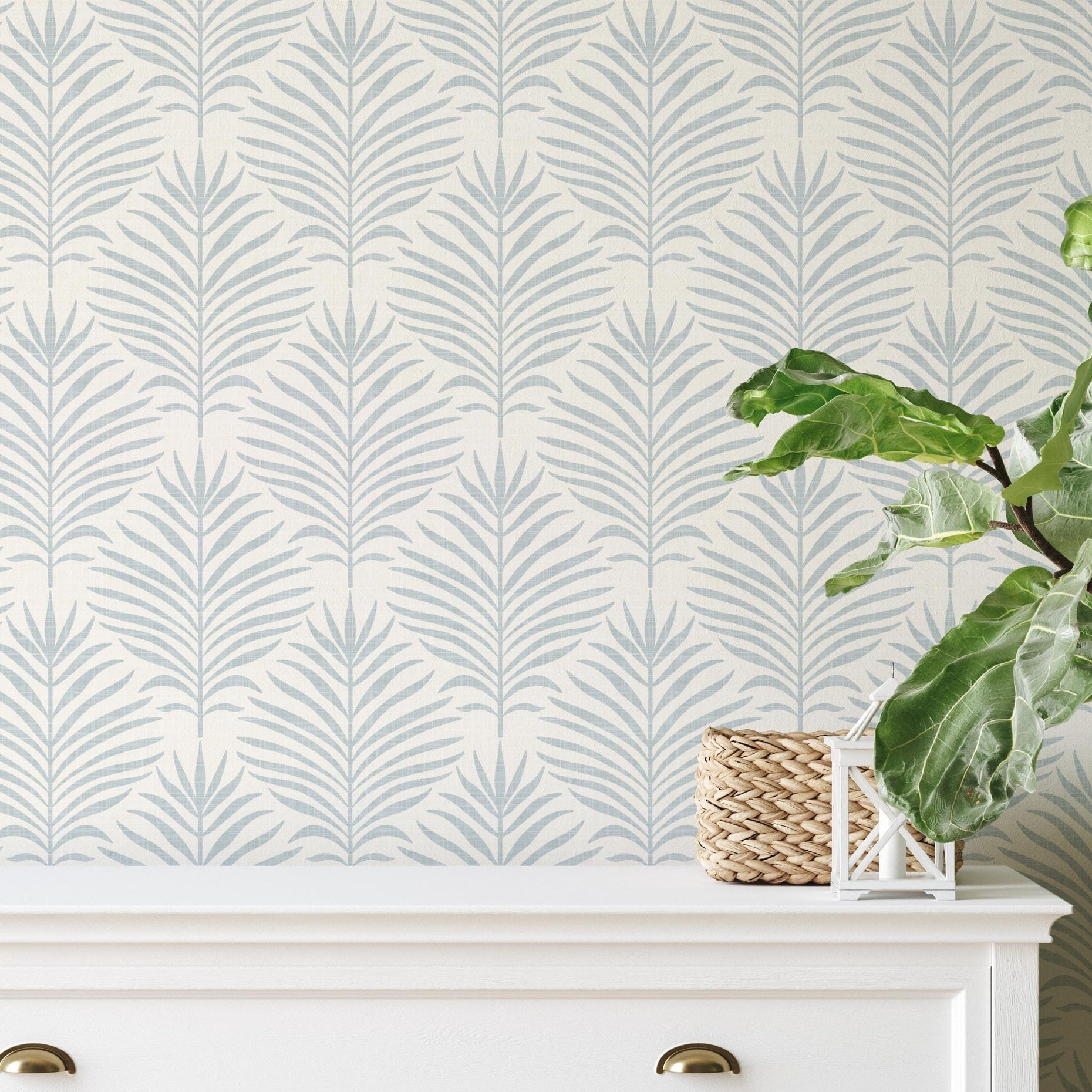 Palm Breeze Wallpaper - Blue & White wallpaper available in peel and stick (removable), prepasted, and traditional nonpasted / unpasted 