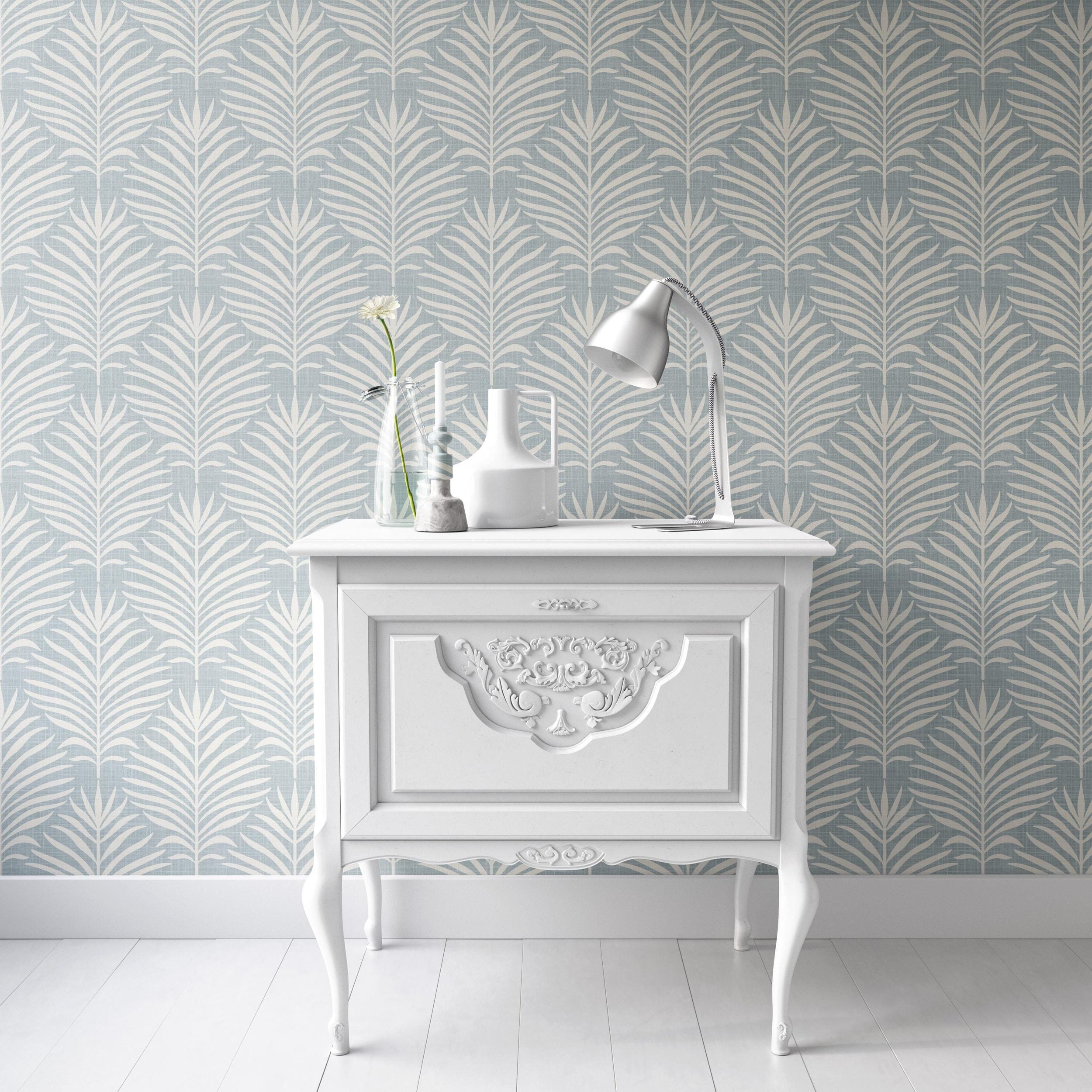Palm Breeze Wallpaper - Light Blue wallpaper available in peel and stick (removable), prepasted, and traditional nonpasted / unpasted 