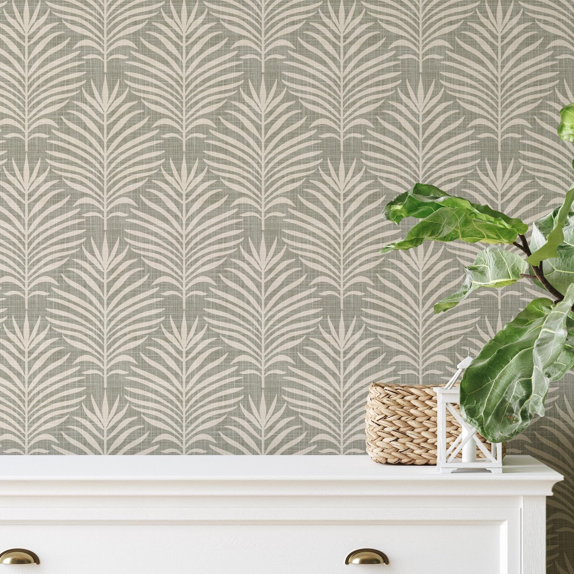 forest olive green palm leaf removable wallpaper available in peel and stick with a faux linen texture for japandi, coastal, and boho decor styles