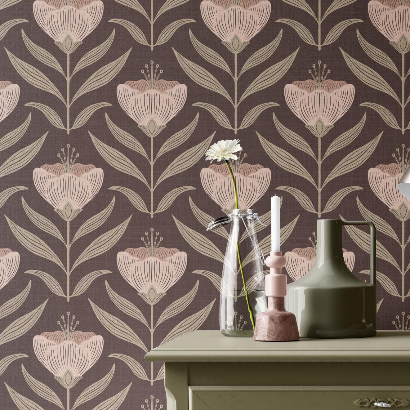 Emma Wildflower Floral Wallpaper - Brown wallpaper available in peel and stick (removable), prepasted, and traditional nonpasted / unpasted 