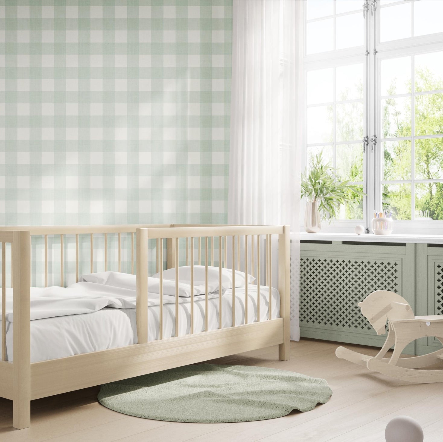 Gingham Wallpaper Sage Green Buffalo Check Plaid Peel and Stick Removable Renter Friendly Wallpaper shown on accent wall in baby toddler room with a neutral earth tone gender neutral feel.