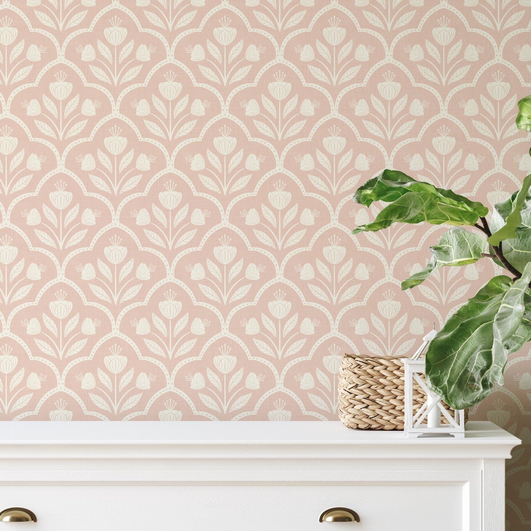 Pastel pink floral wallpaper with a repeating wildflower pattern in a soft coquette style, ideal for baby girl nurseries, tween rooms, or romantic accent walls. featured as statement or accent wall in bedroom.