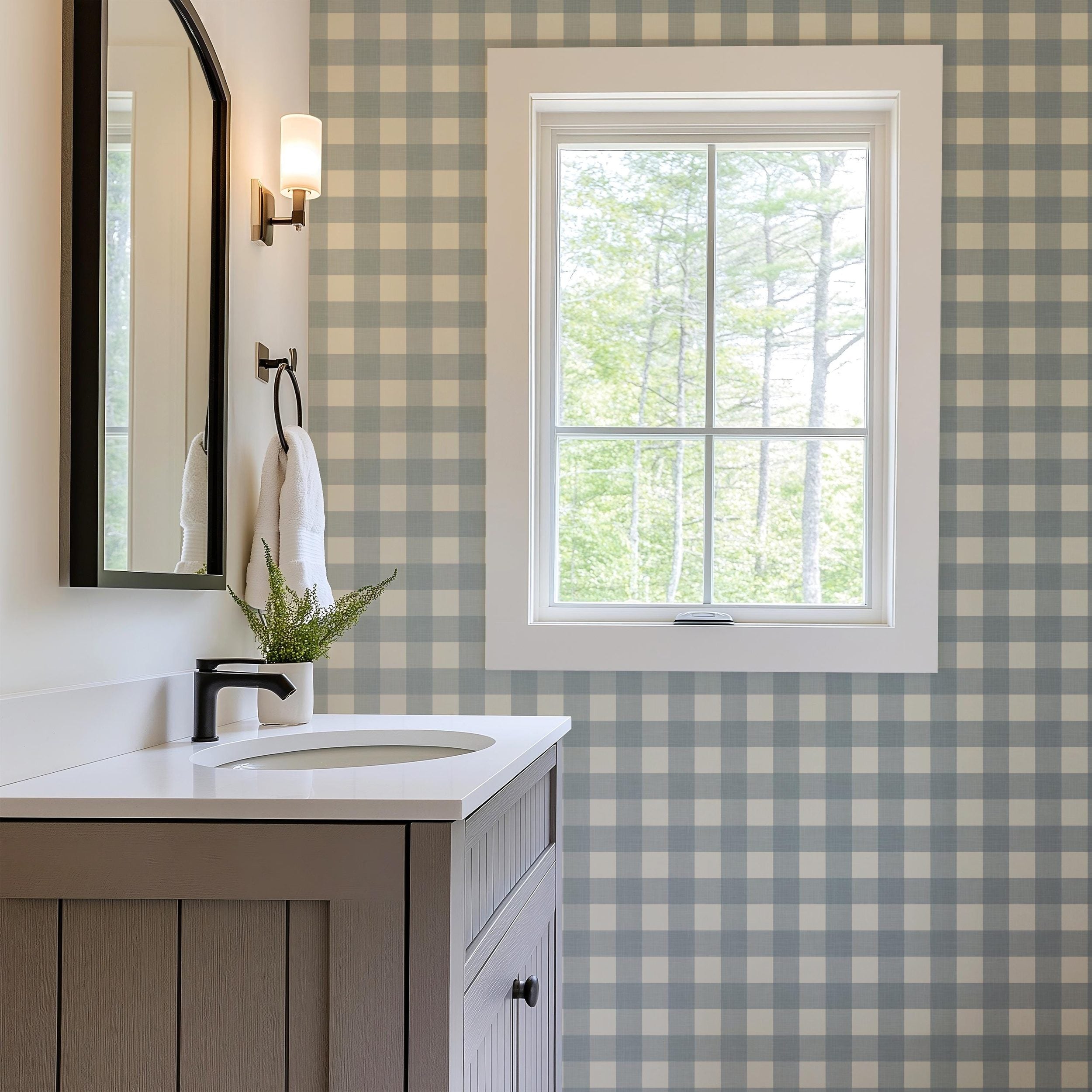 Charlie Gingham Wallpaper - Blue wallpaper available in peel and stick (removable), prepasted, and traditional nonpasted / unpasted 