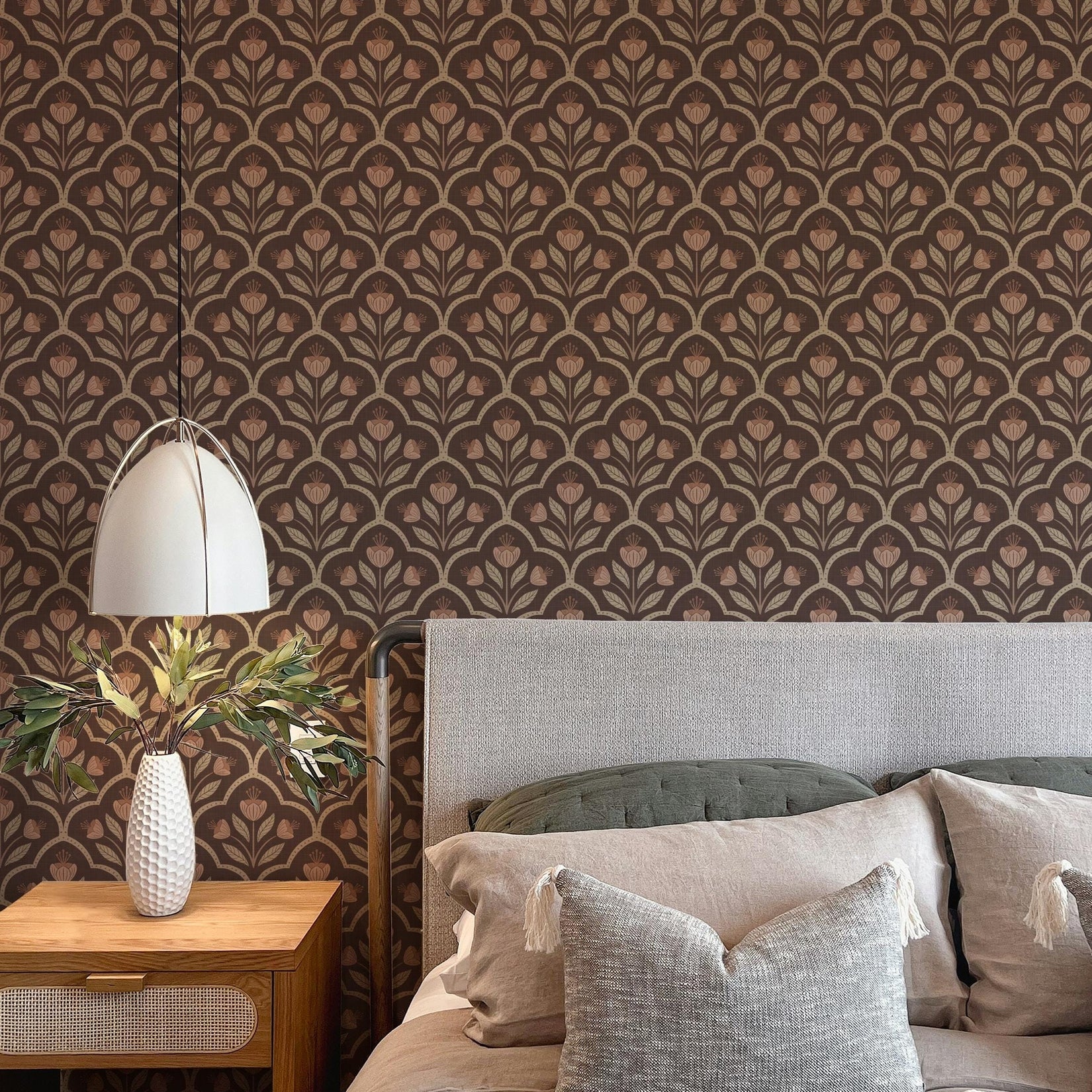 Removable renter-friendly wallpaper featuring a dark moody floral design with vintage Victorian medallion wildflowers in blush and beige on a rich brown background. Intended for cozy neutral, gothic heritage style, or cottage charm.