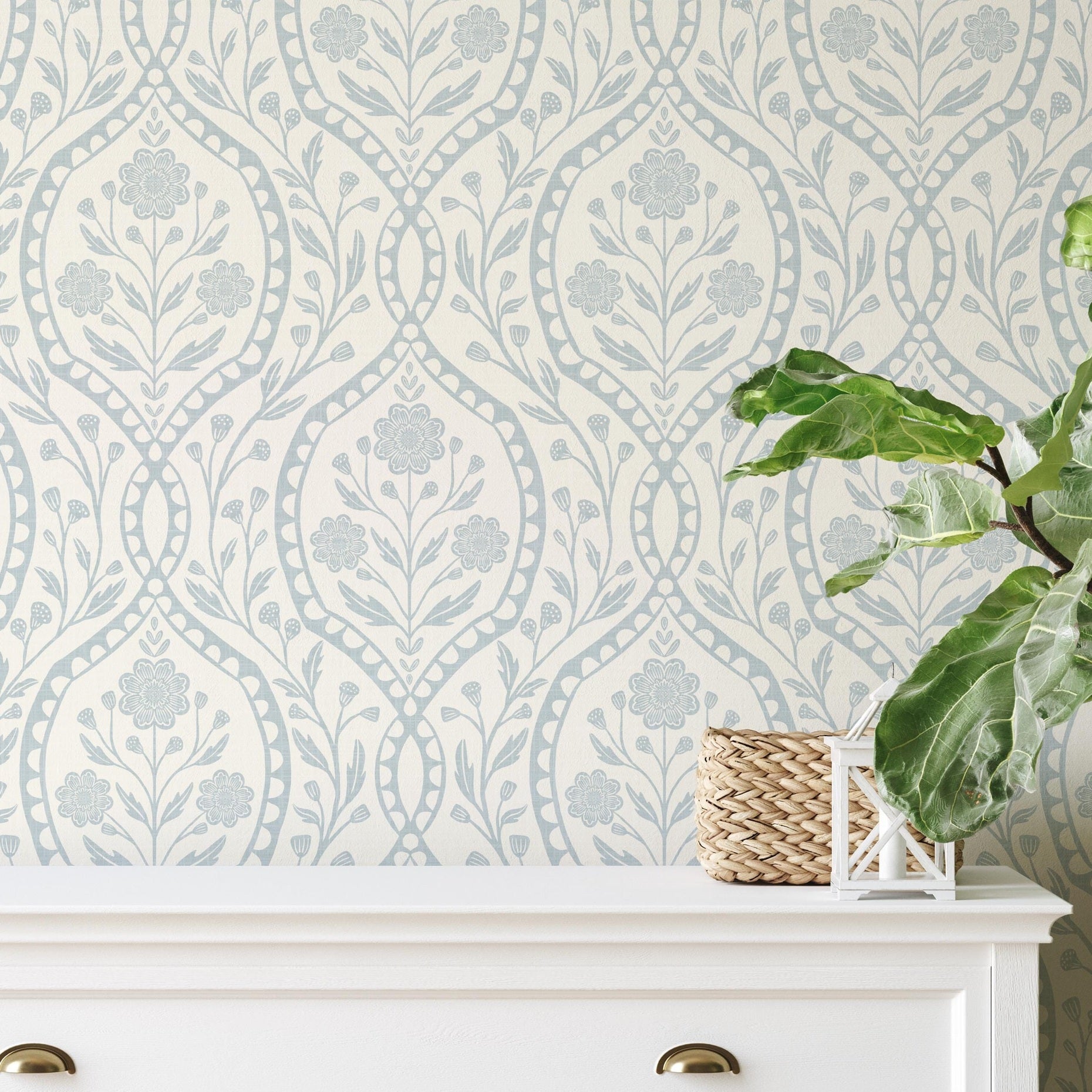 Light blue French country wallpaper with elegant wildflowers on an off-white background. Renter-friendly design for nursery, bedroom, or bathroom wall.
