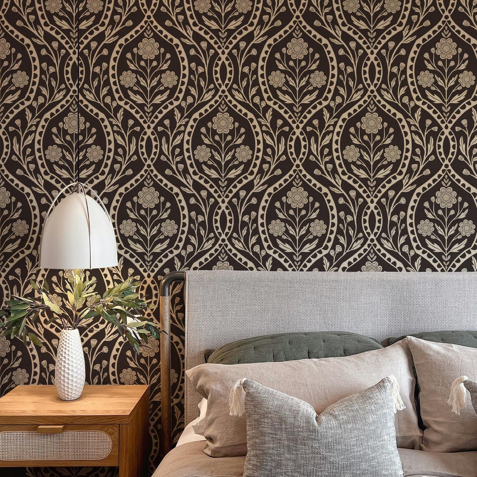 Dark Academia Moody Wallpaper in Peel and Stick or Prepasted Removable. This black and white Vintage style Botanical Wildflower Damask was created from a hand drawn illustration. Fits into Gothic Heritage Decor