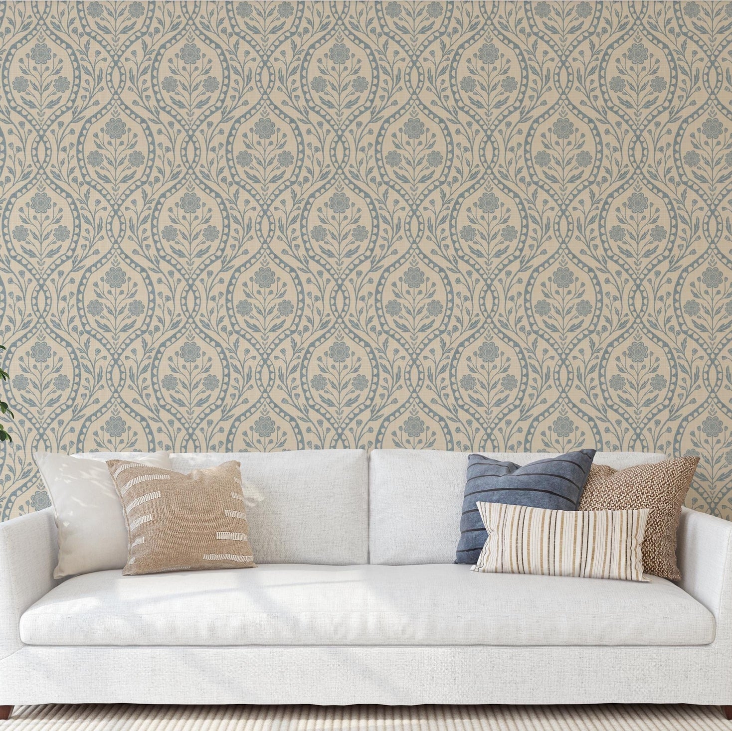 French Country peel and stick or prepasted removable Wallpaper in Neutral with blue wildflower floral details in an elegant damask with subtle faux linen texture. A perfect vintage inspired elegant botanical for nursery, bedroom, bathroom, living room, dining room or accent wall.