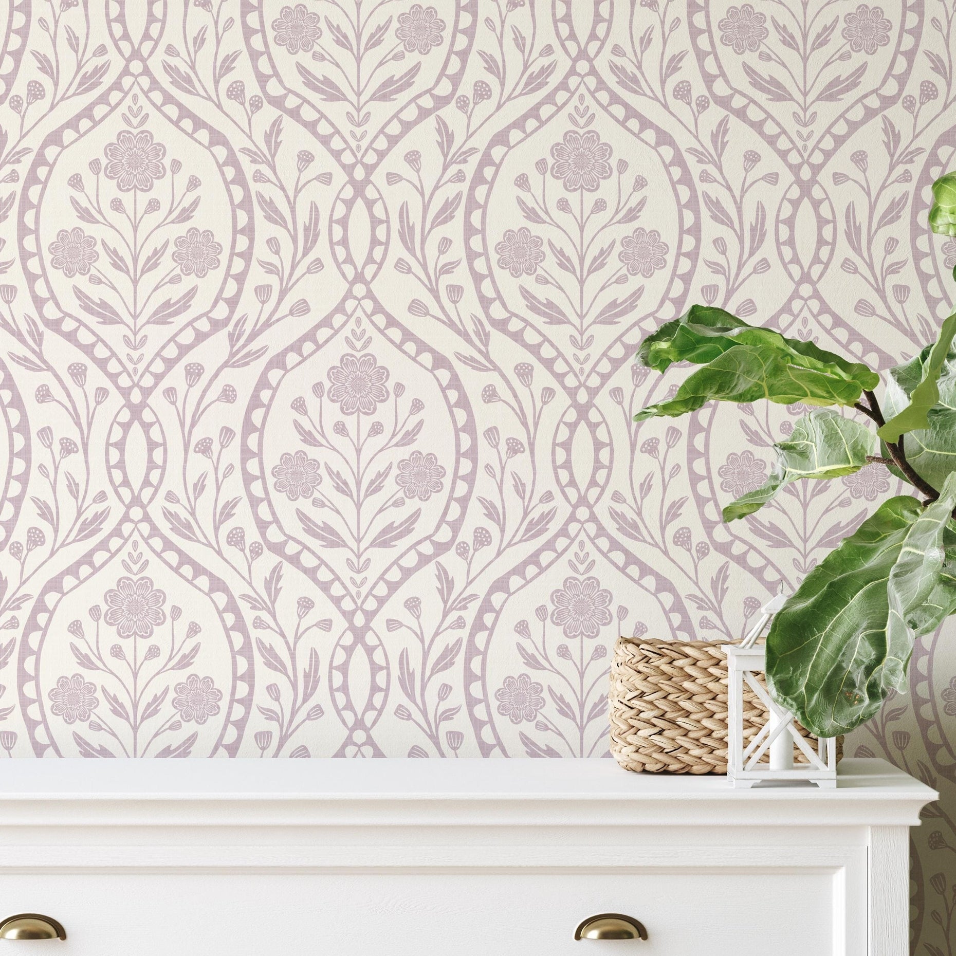 Timeless Baby Girl Nursery Wallpaper in Pastel Purple floral damask on off white background. This elegant wildflower print is shown as Removable Peel & Stick or Prepasted perfect for Victorian, French Country, Cottagecore aesthetics.