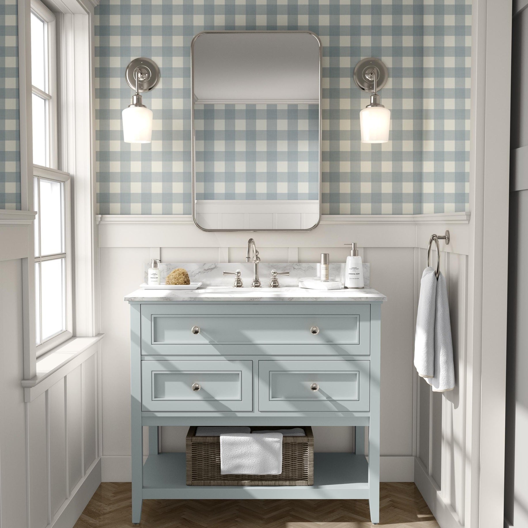 bathroom accent wall with light blue and off-white gingham wallpaper with a soft linen texture. Buffalo check style, ideal for baby boy nurseries, coastal or cottagecore spaces. Removable, eco-friendly, made in the USA, and designed by an independent artist.