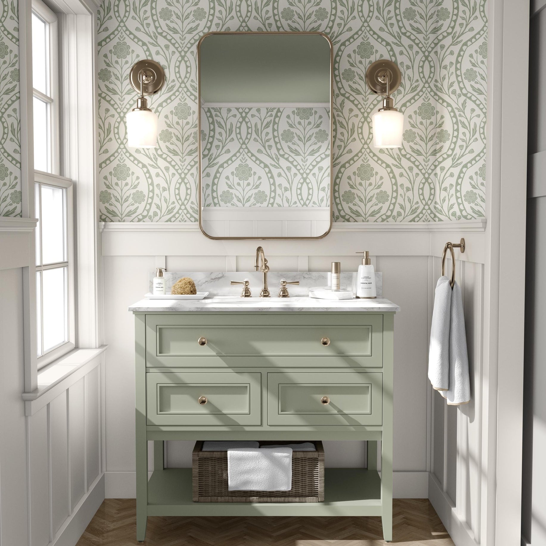 sage green peel and stick or removable prepasted wallpaper in french country wildflower floral botanical damask. An elegant renter friendly option for bathroom, baby nursery, bedroom, living room, powder room or dining room.