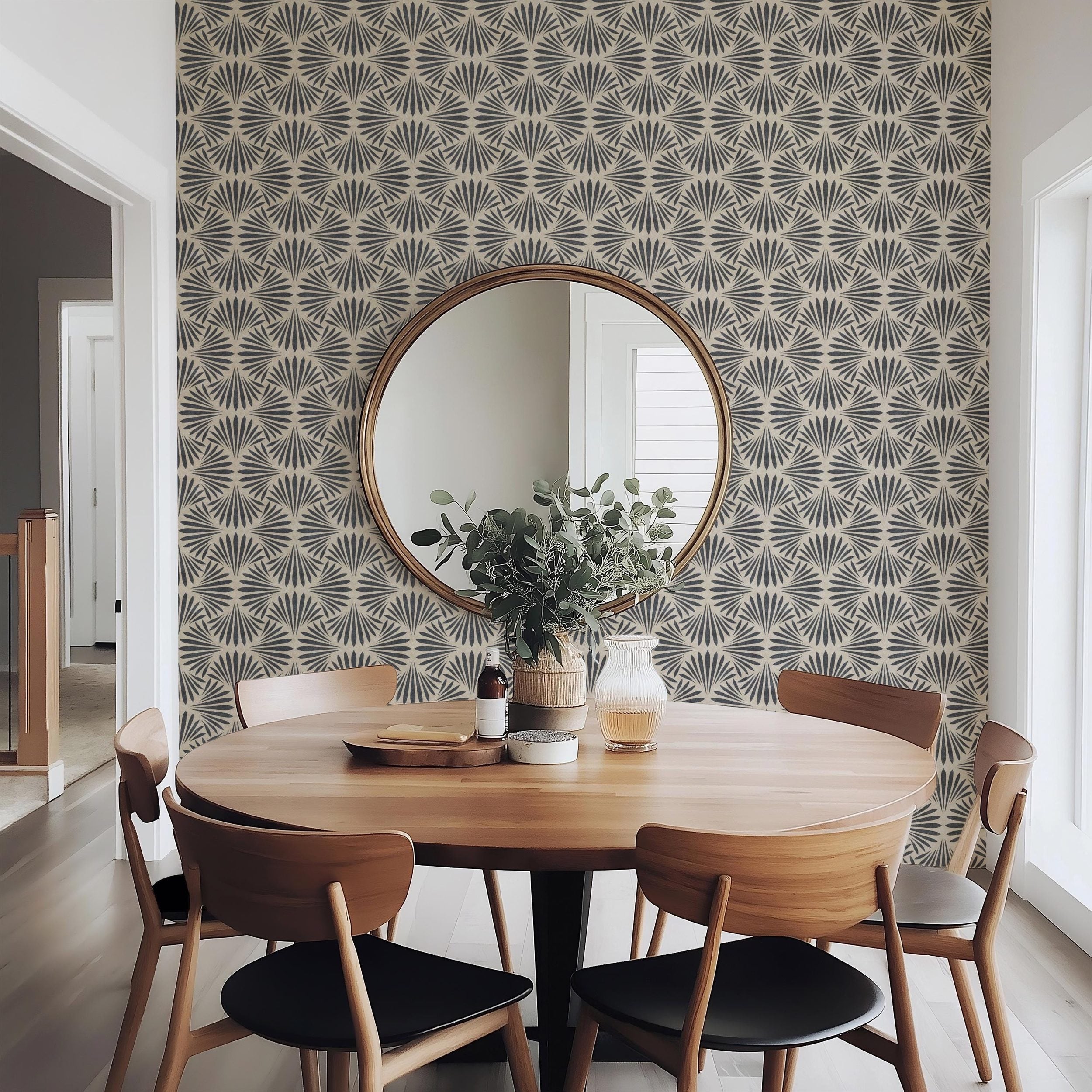 Neutral black and tan art deco moody floral dark botanical wallpaper available in peel and stick and prepasted in a modern tropical boho style with a subtle linen texture, ideal for coastal bedrooms, powder rooms, or Japandi accent walls. featured as bathroom accent wall.