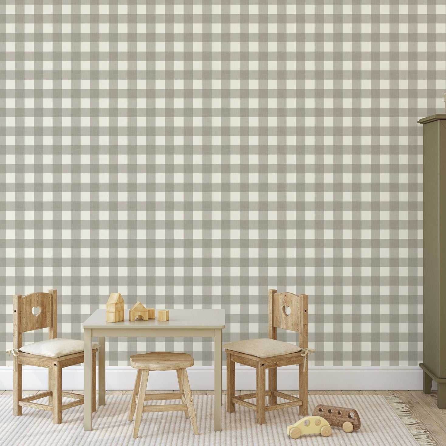 Gray and off white Gingham Wallpaper also called Buffalo Check Plaid. A Preppy Modern Farmhouse print available in removable peel and stick or prepasted. Perfect for Baby boy nursery wallpaper, teen room, classic laundry room accent wall, and traditional and preppy home decor.