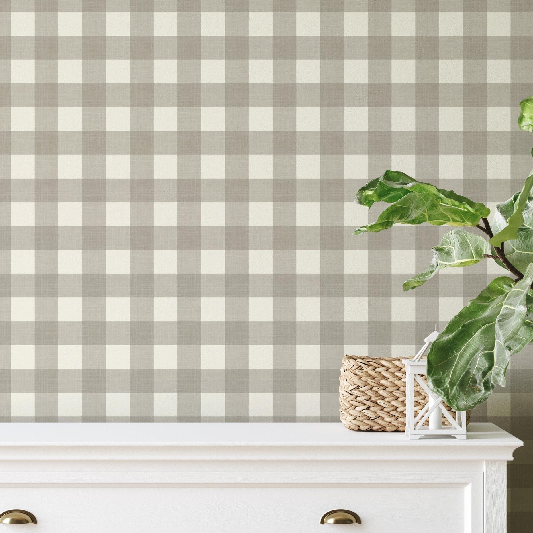 Gray and off white Gingham Wallpaper also called Buffalo Check Plaid. A Preppy Modern Farmhouse print available in removable peel and stick or prepasted. Perfect for Baby boy nursery wallpaper, teen room, classic laundry room accent wall, and traditional and preppy home decor.