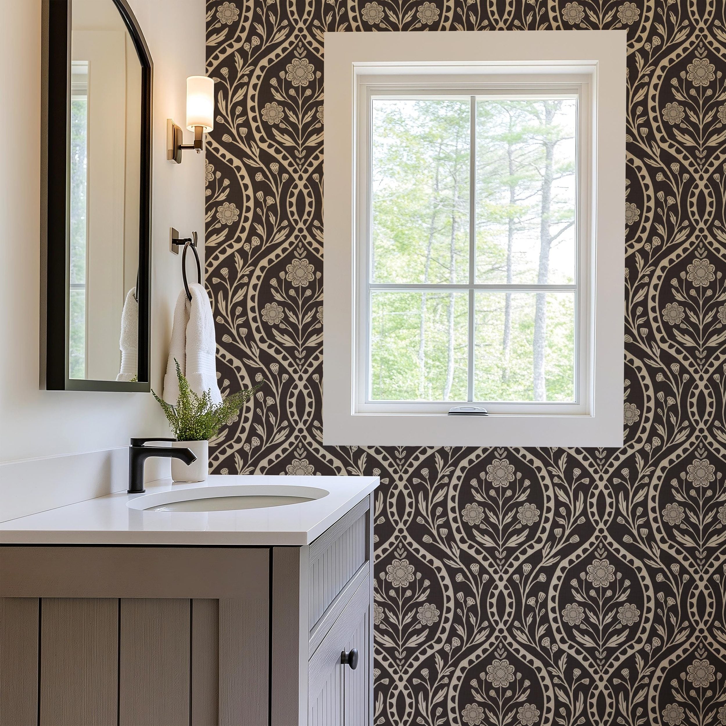Dark Academia Moody Wallpaper in Peel and Stick or Prepasted Removable. This black and white Vintage style Botanical Wildflower Damask was created from a hand drawn illustration. Fits into Gothic Heritage Decor