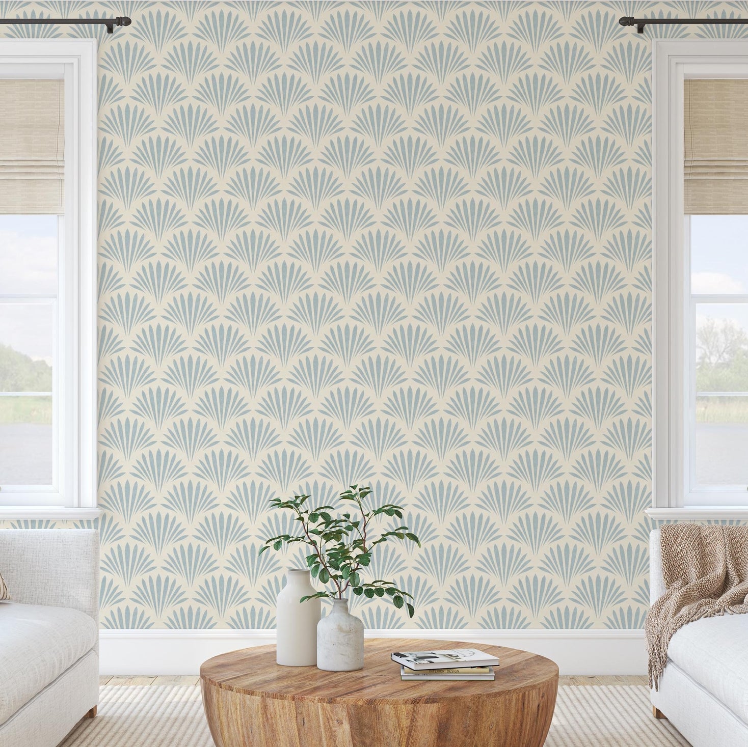 light blue mediterranean scallop wallpaper resembling floral or seashell. Art Deco inspired and fitting into a modern coastal interior. Shown in removable renter friendly peel and stick or prepasted, perfect for coastal bathrooms, bedrooms, or accent walls in mid century modern interiors