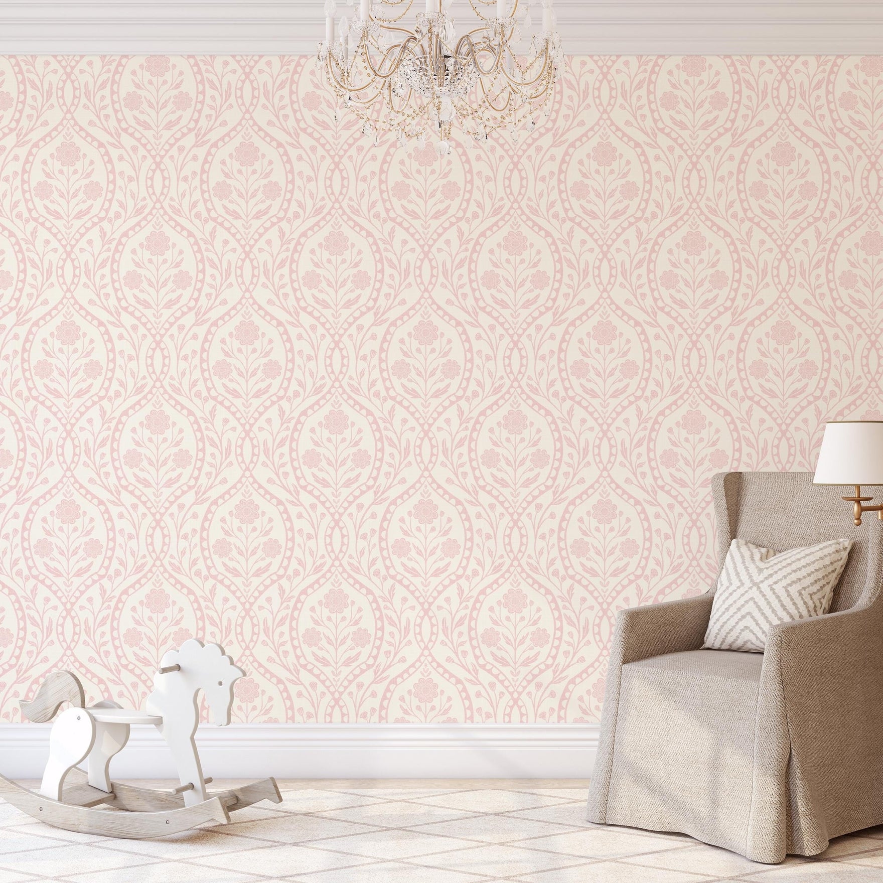 Baby girl nursery wallpaper in pink wildflower floral damask. Removable prepasted, peel and stick and samples for tween room, cottagecore or Victorian home decor. A feminine romantic coquette pastel design.
