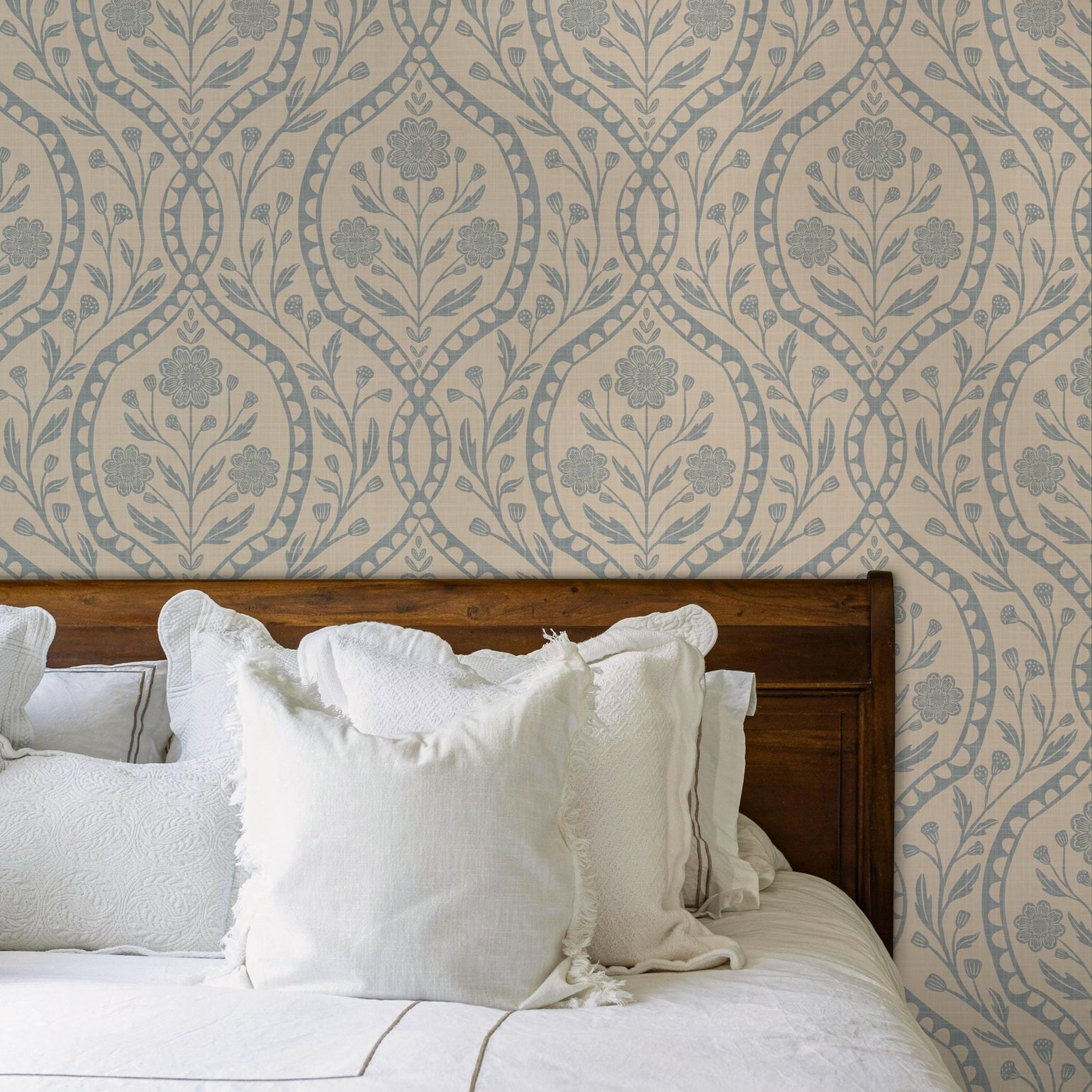 French Country peel and stick or prepasted removable Wallpaper in Neutral with blue wildflower floral details in an elegant damask with subtle faux linen texture. A perfect vintage inspired elegant botanical for nursery, bedroom, bathroom, living room, dining room or accent wall.