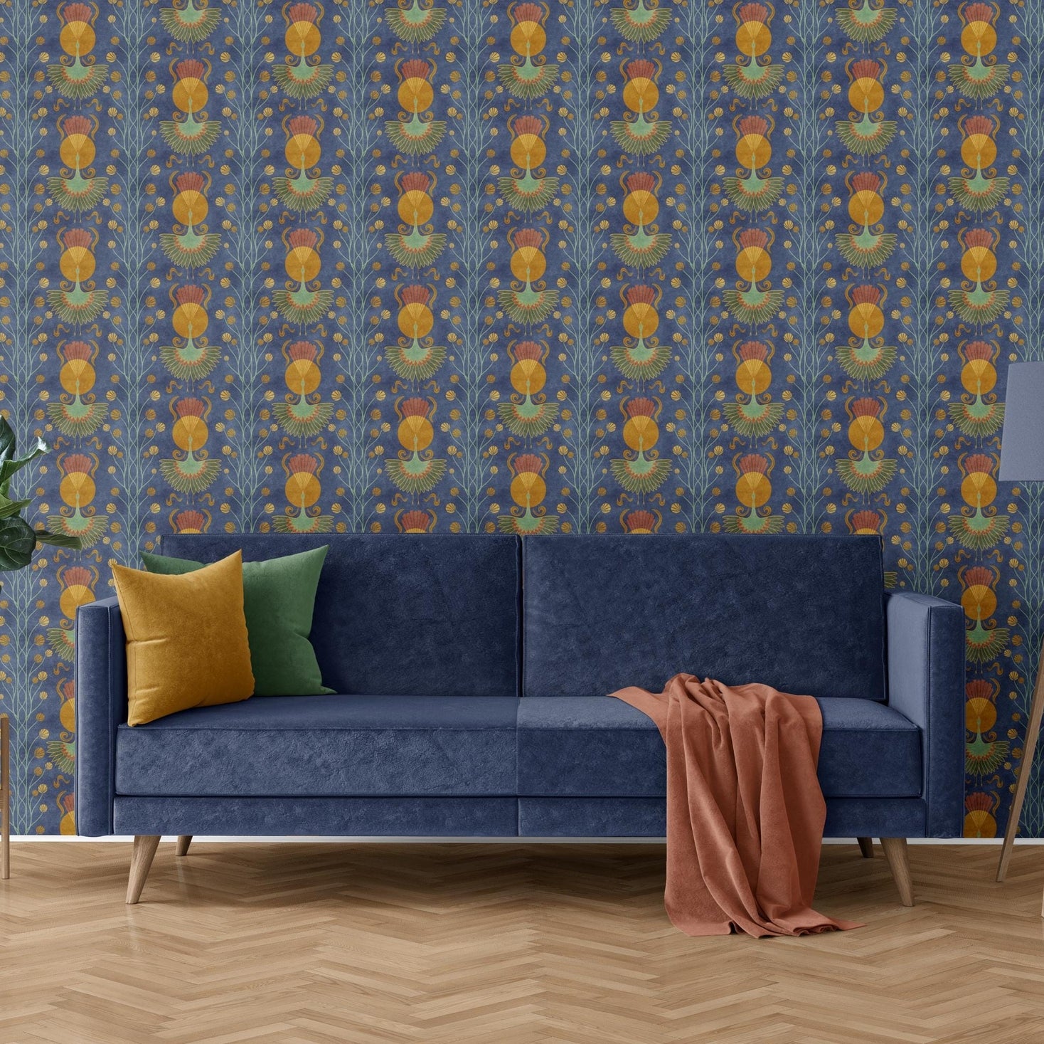 Shown here in peel and stick removable wallpaper. Hand-drawn Art Deco crane design in dark navy blue with moody botanical accents. Available in sample swatches. Ideal for bathroom walls, accent walls, and bedrooms.