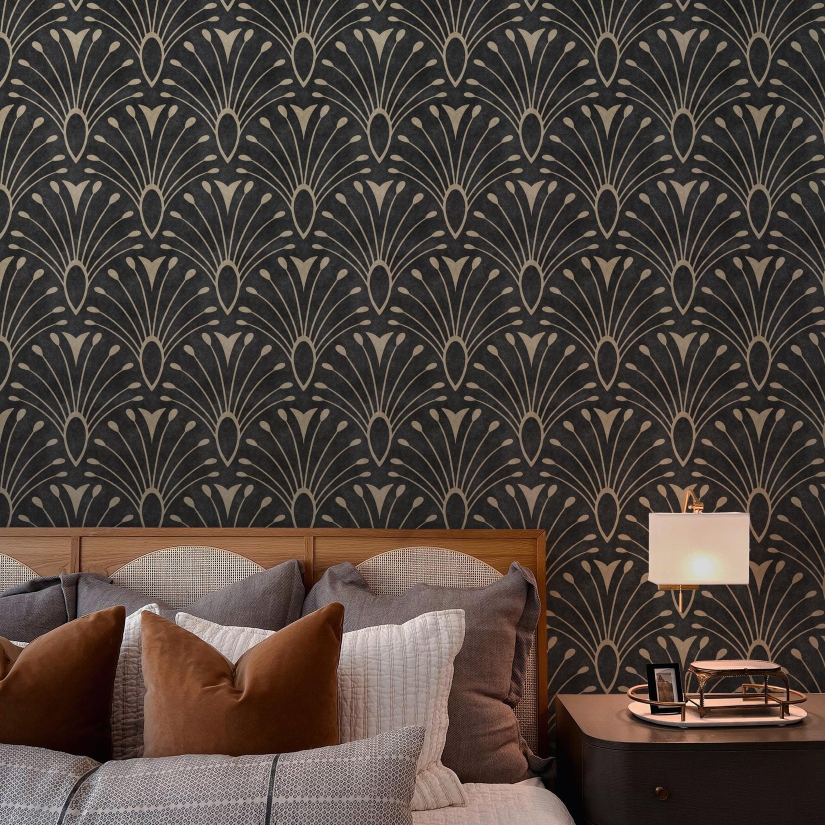 removable peel and stick or prepasted wallpaper with black art deco abstract feather fan pattern in tiled scallop. this 1920s glam print is perfect for a dark moody gothic, maximalist or mid century modern aesthetic for bathrooms, bedrooms, dining rooms and home offices.