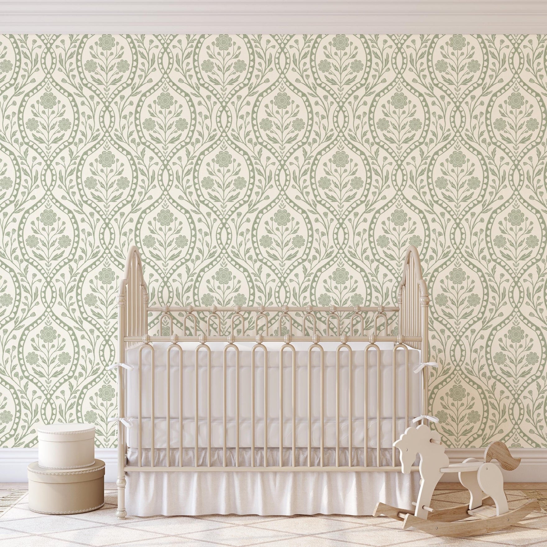 Sage green and white floral wallpaper with a wildflower floral damask pattern. Shown in peel and stick or prepasted for a removable renter friendly option for traditional or french country aesthetic suitable for baby nursery, bedroom, bathroom, kitchen or dining room.