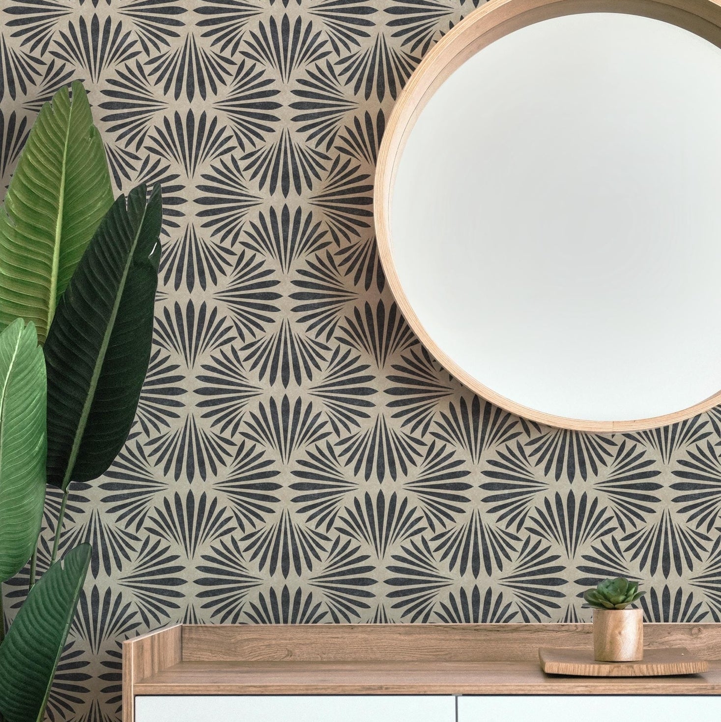 Neutral black and tan art deco moody floral dark botanical wallpaper available in peel and stick and prepasted in a modern tropical boho style with a subtle linen texture, ideal for coastal bedrooms, powder rooms, or Japandi accent walls. featured as bathroom accent wall.