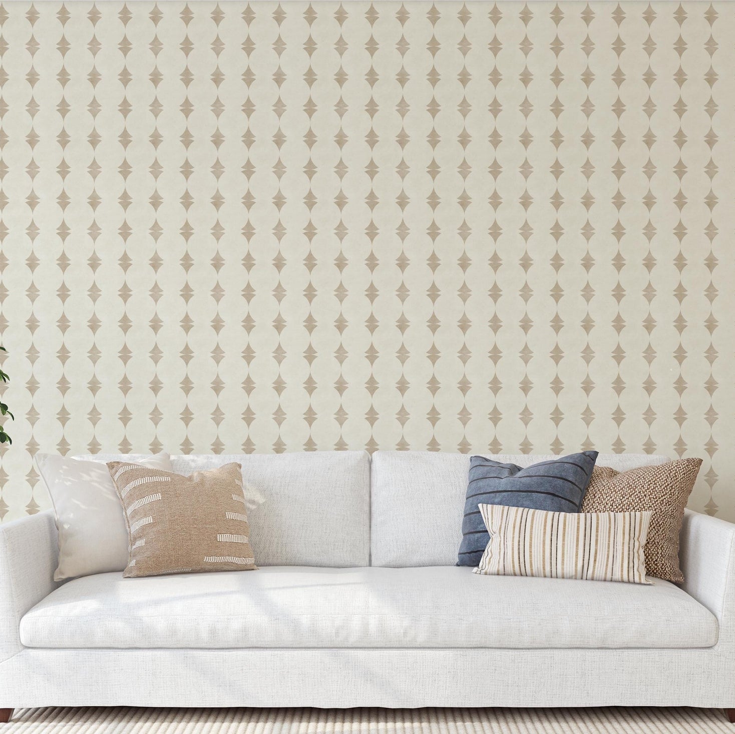 wallpaper in removable peel and stick or pre-pasted in neutral off white and warm beige stripe with a mid century modern art deco look. Perfect for coastal, MCM, glam and vintage inspired spaces for bathroom accent wall, powder room, living room, dining room, bedroom or hallway. A subtle understated timeless design.