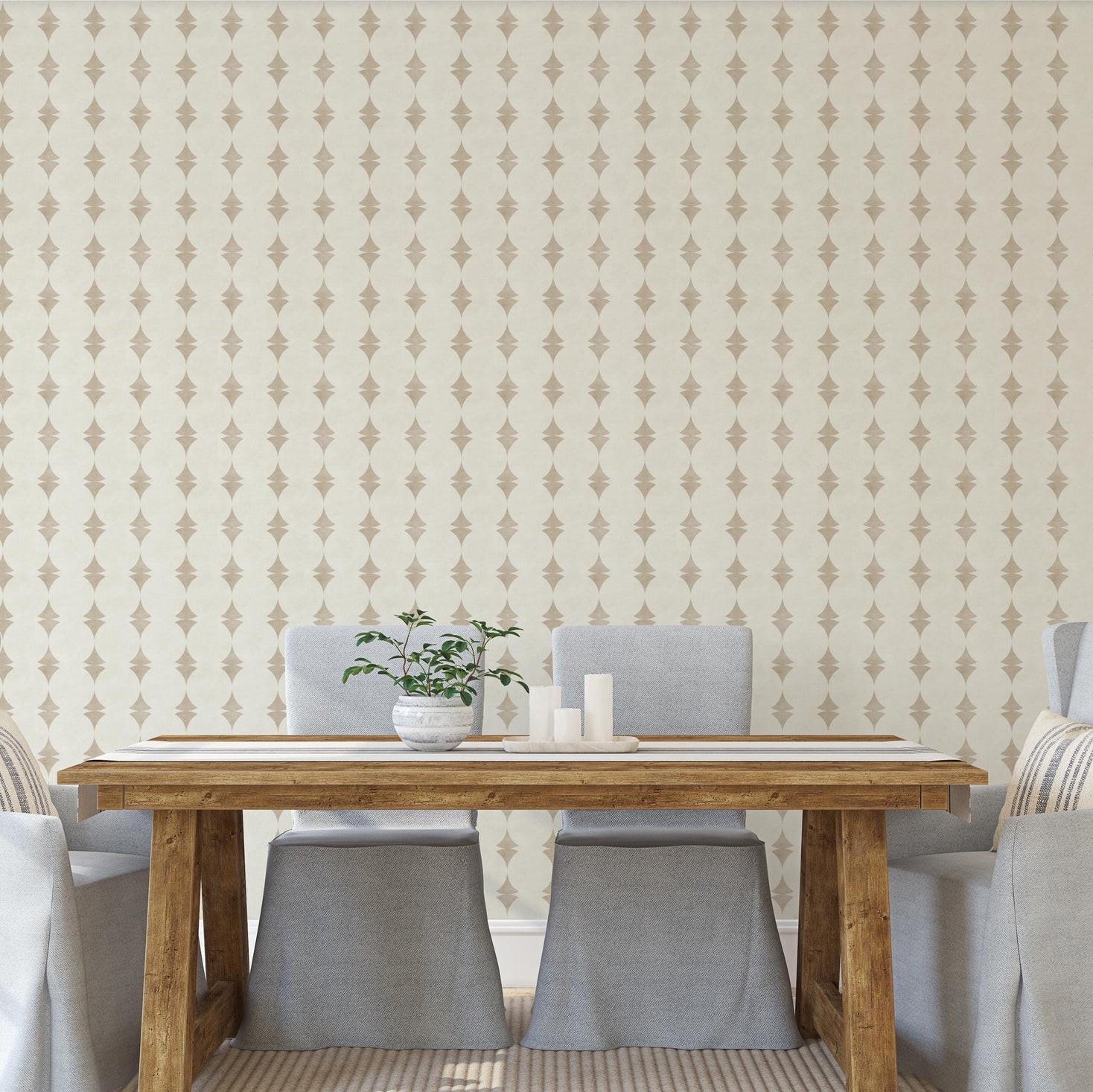 wallpaper in removable peel and stick or pre-pasted in neutral off white and warm beige stripe with a mid century modern art deco look. Perfect for coastal, MCM, glam and vintage inspired spaces for bathroom accent wall, powder room, living room, dining room, bedroom or hallway. A subtle understated timeless design.