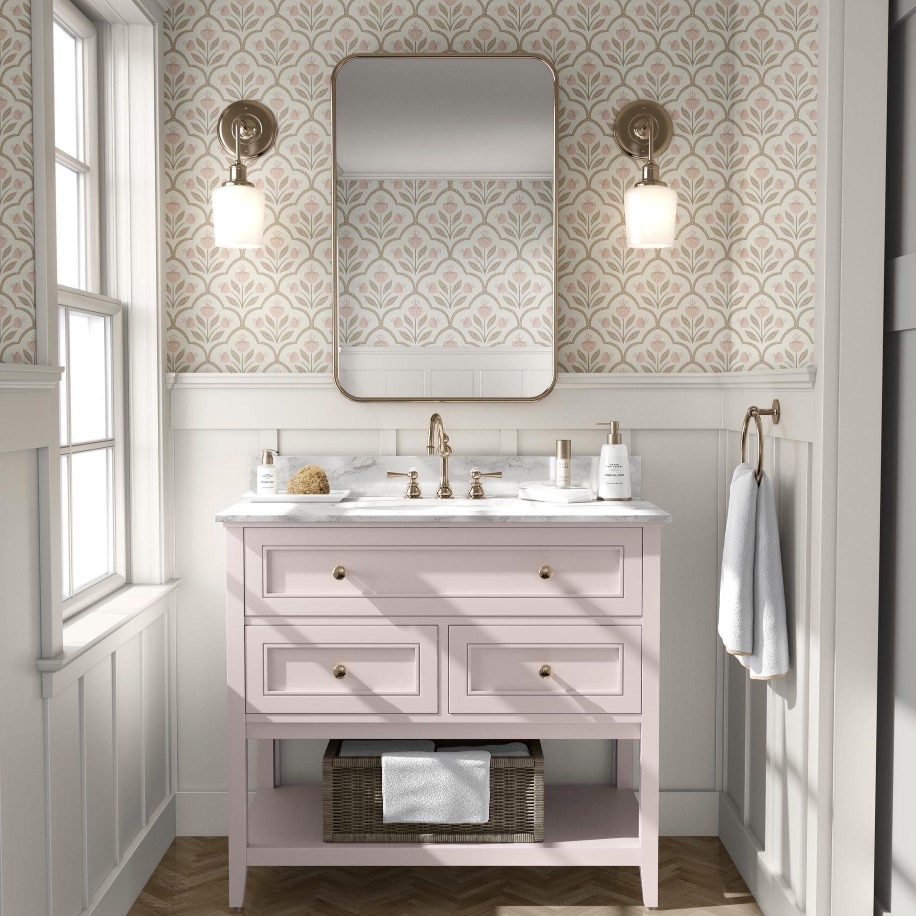 Floral Medallion Wallpaper - Pink & White wallpaper available in peel and stick (removable), prepasted, and traditional nonpasted / unpasted 