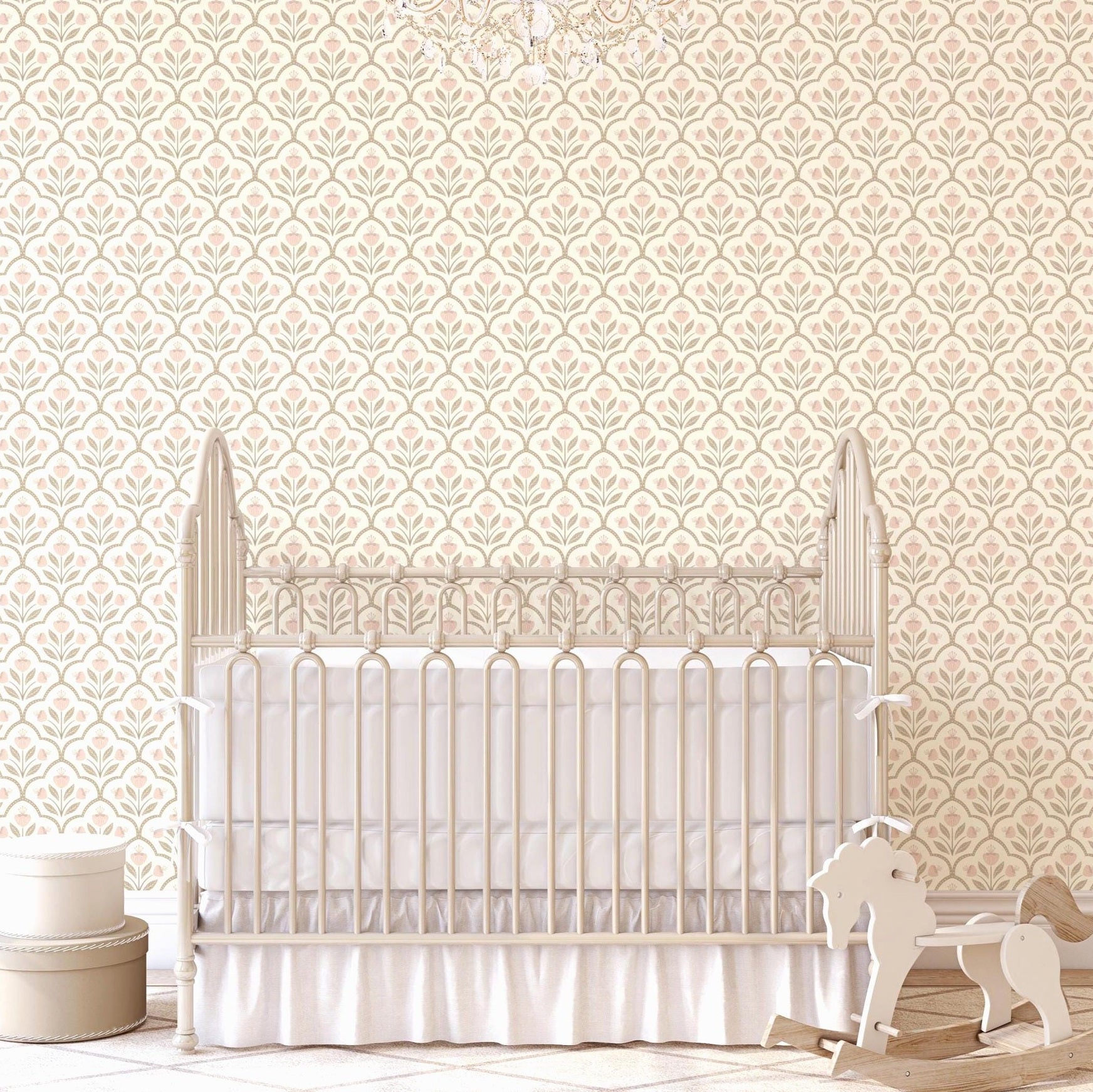 Floral Medallion Wallpaper - Pink & White wallpaper available in peel and stick (removable), prepasted, and traditional nonpasted / unpasted 