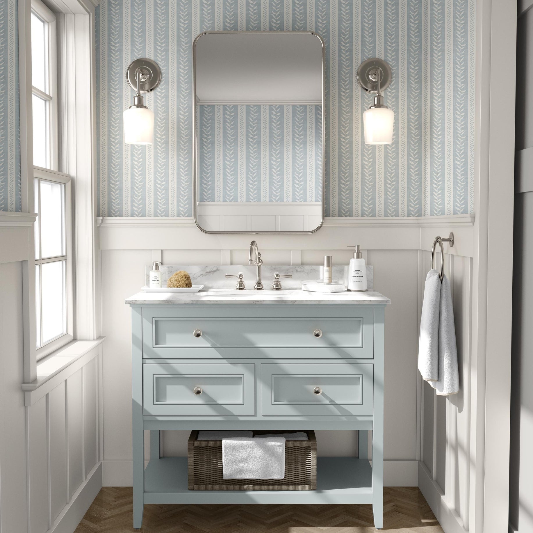wallpaper peel and stick or prepasted in light blue and white botanical stripe for modern coastal farmhouse and french country interiors. Perfect for bathroom, powder room, or baby nursery accent walls. Light faux linen texture with tropical vine stripe for a timeless look.